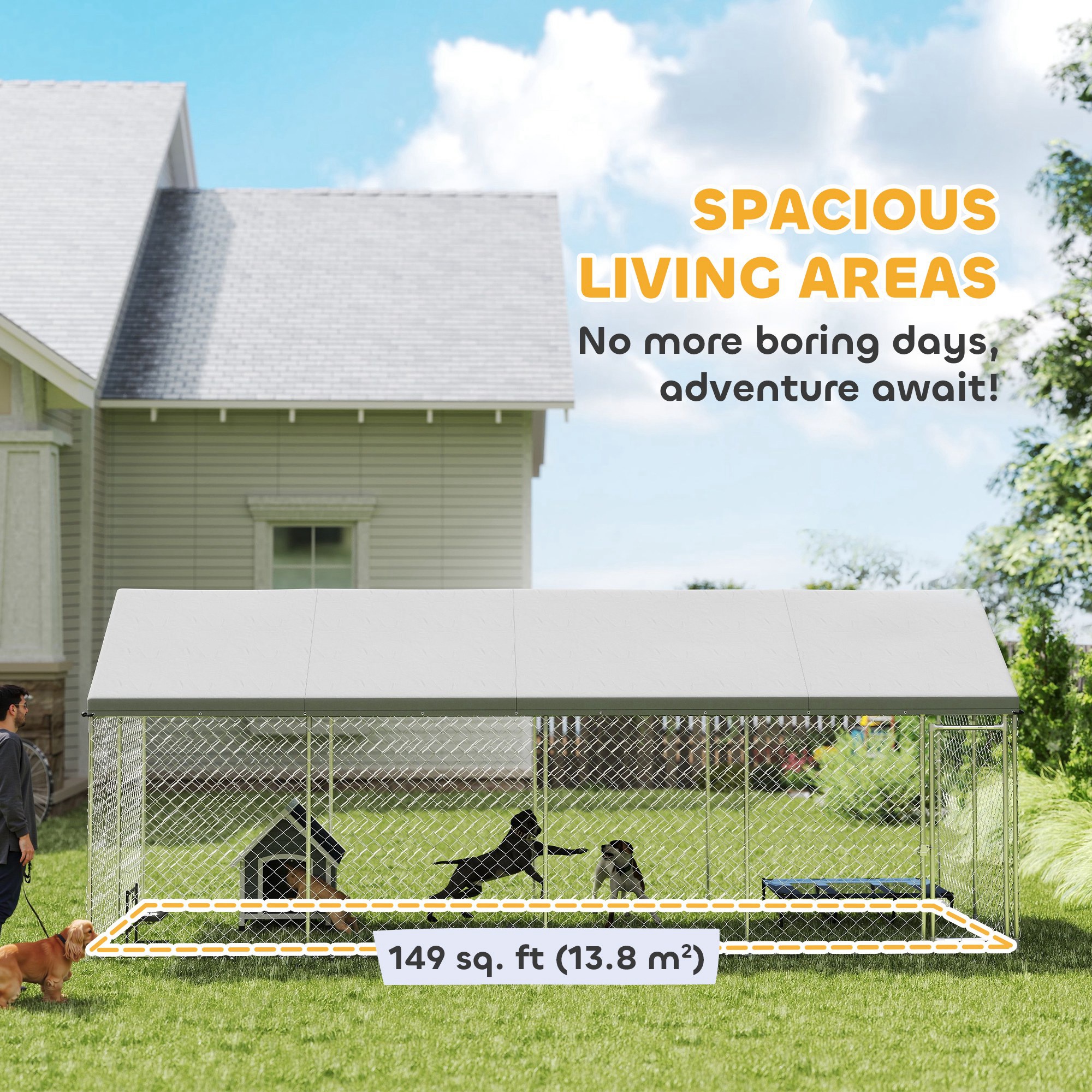 Heavy Duty Outdoor Dog Kennel with Waterproof Roof, Secure Latch, Chain Link Dog Run for Backyard, 19.7' x 7.5' x 7.9'