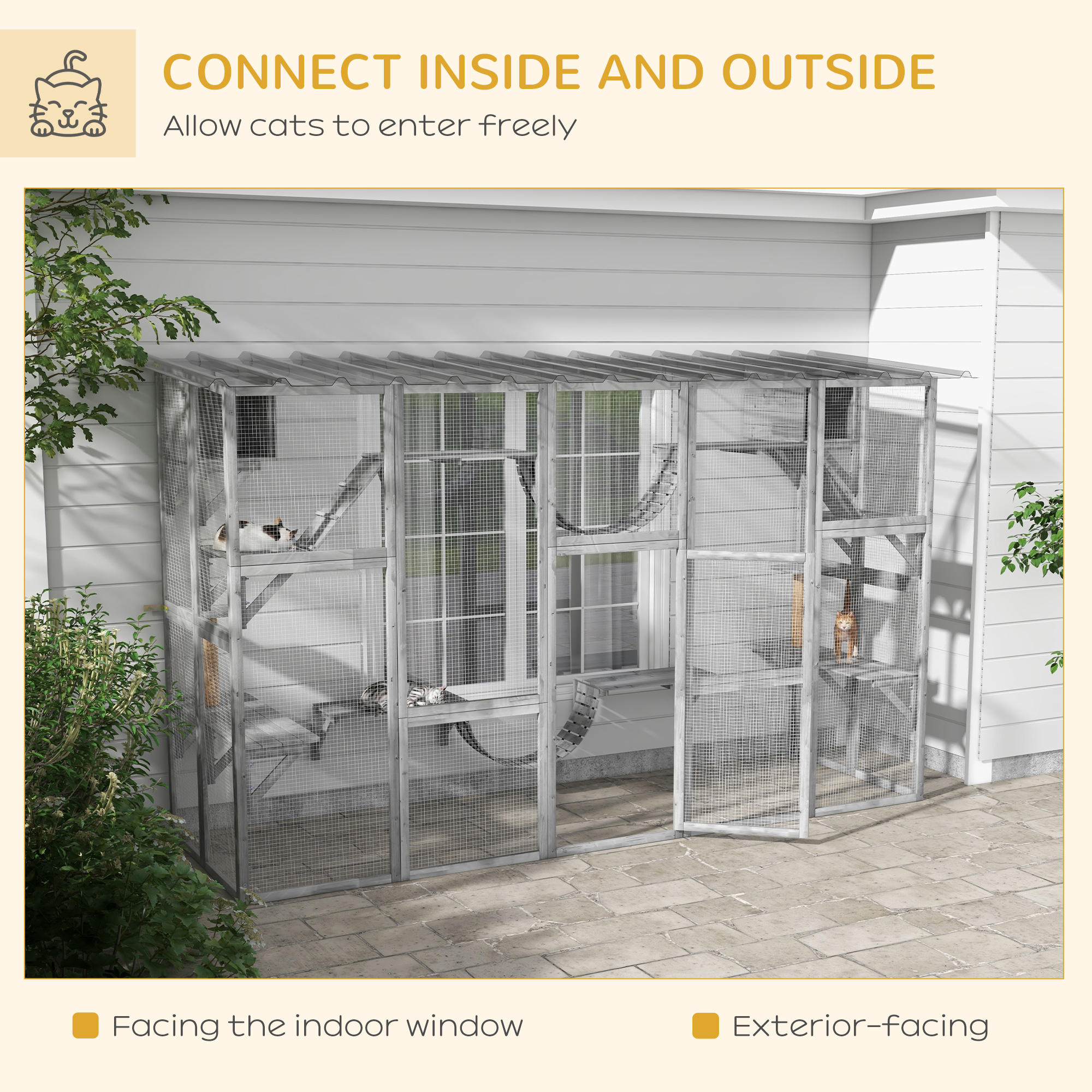 Large Outdoor Catio with Condos, Platforms, Doors, Ladders, Weather-Resistant Roof, Grey