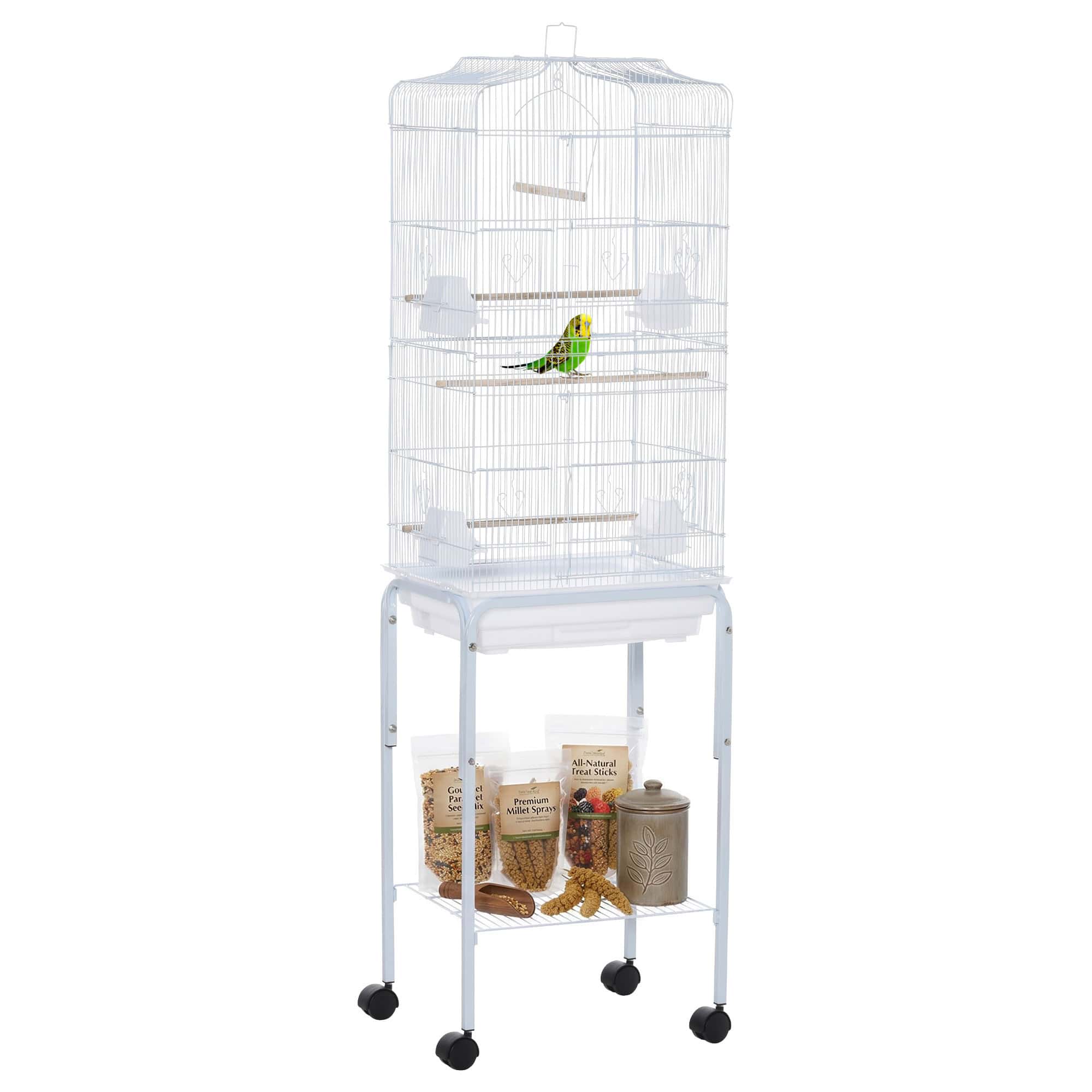 62" Rolling Bird Cage Cockatoo House Play Top Finch Pet Supply with Storage Shelf, Wheels - White