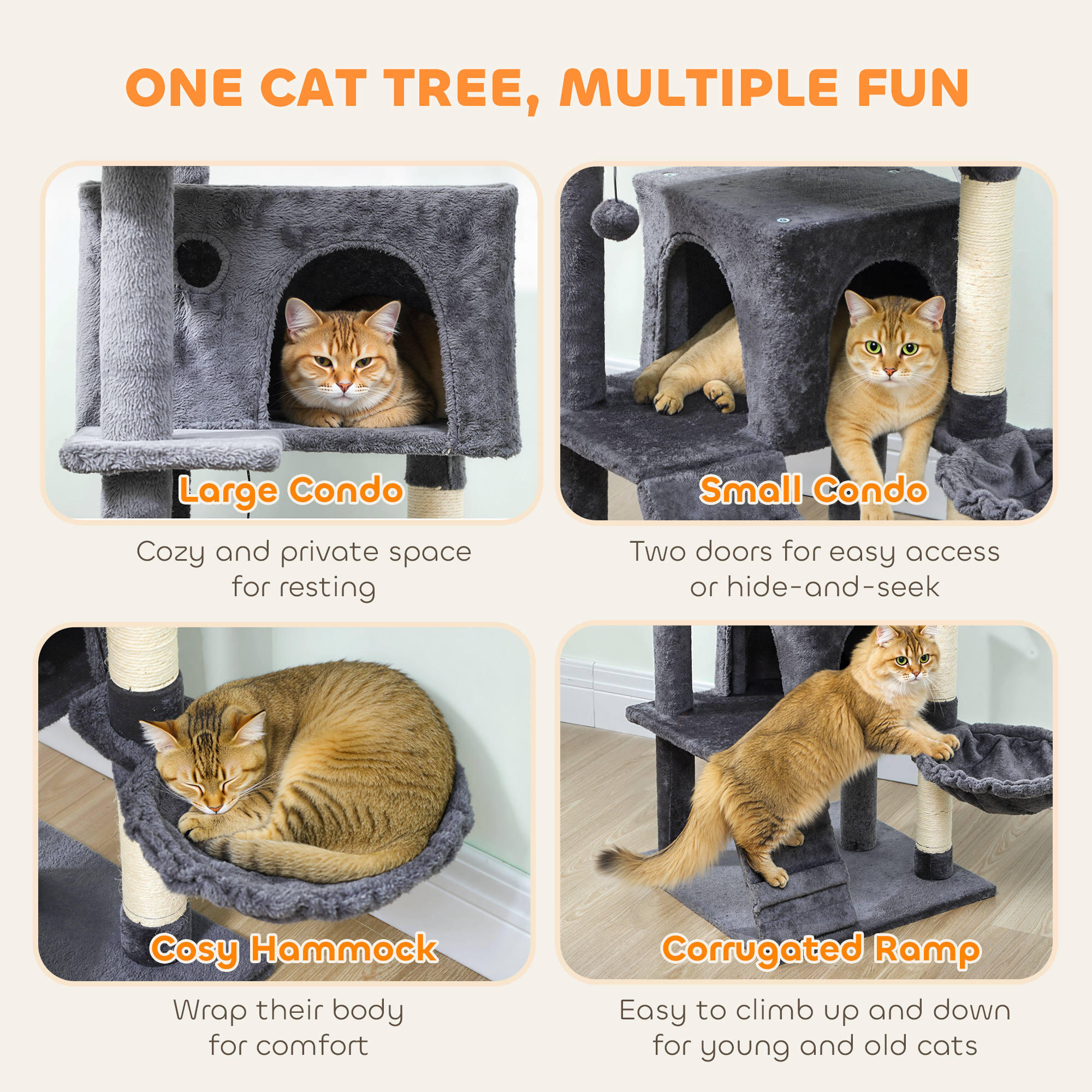 63 Inch Cat Tree with Sisal Scratching Posts, Condos, Plush Perches, Hammock, Ladder, Dangling Balls, Dark Grey - Image 4