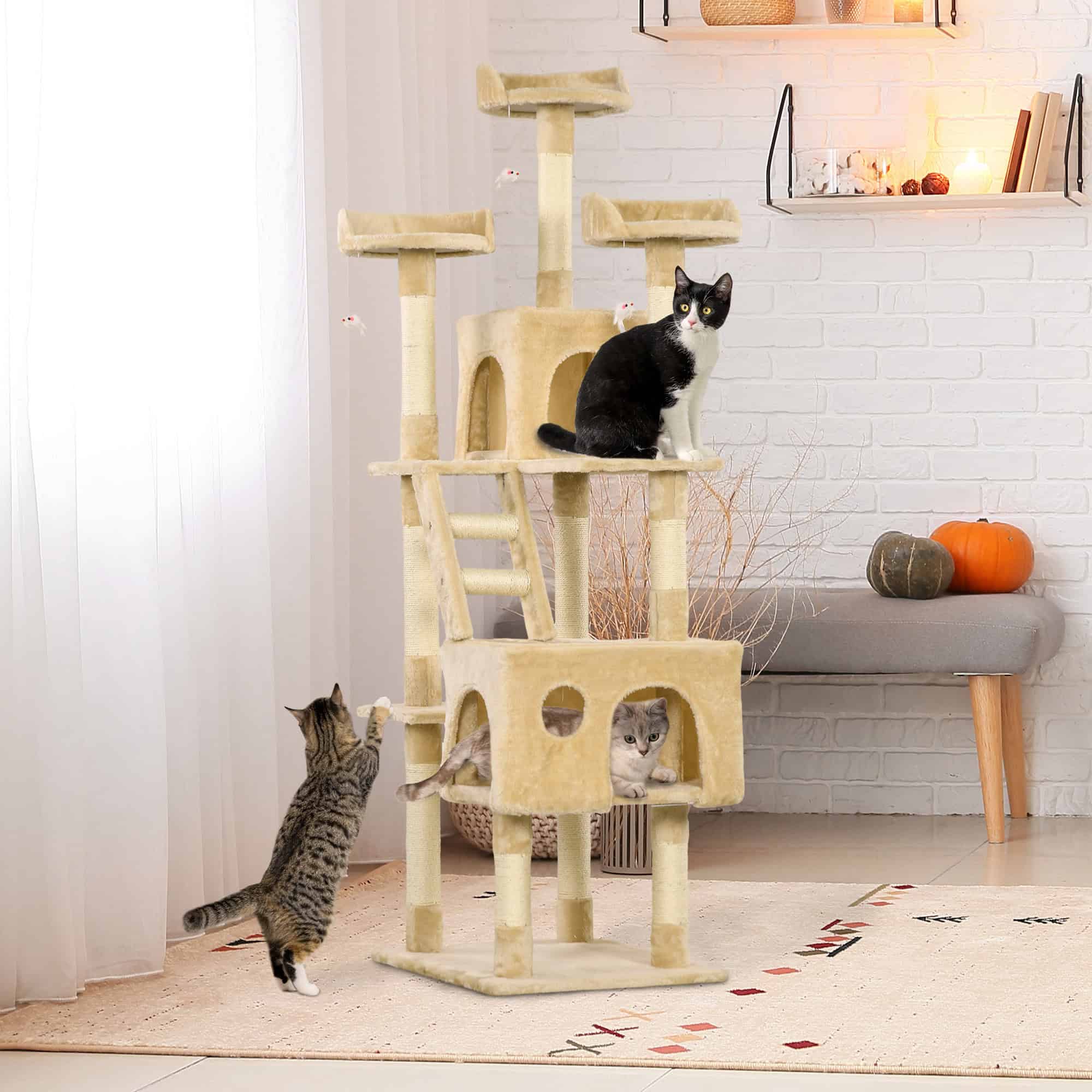 71-Inch Multi Level Scratching Cat Tree Kitty Condo Activity Center with Toys, Beige