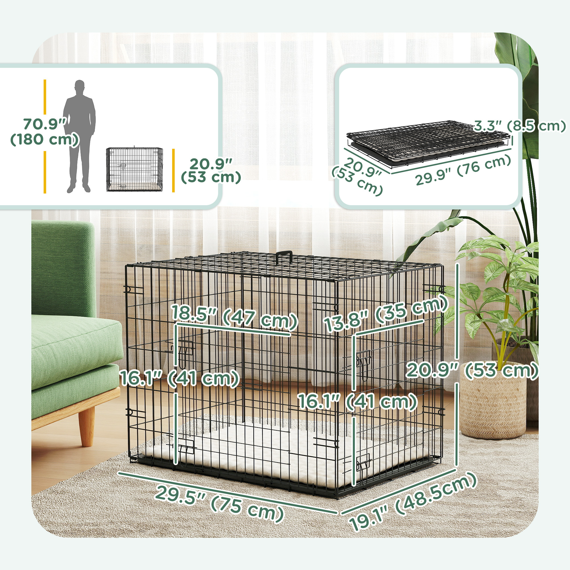 30" Dog Crate with 2 Doors, Folding Metal Dog Cage with Soft Cushion, Removable Tray, Handle, for Small Dogs, Black - Image 3