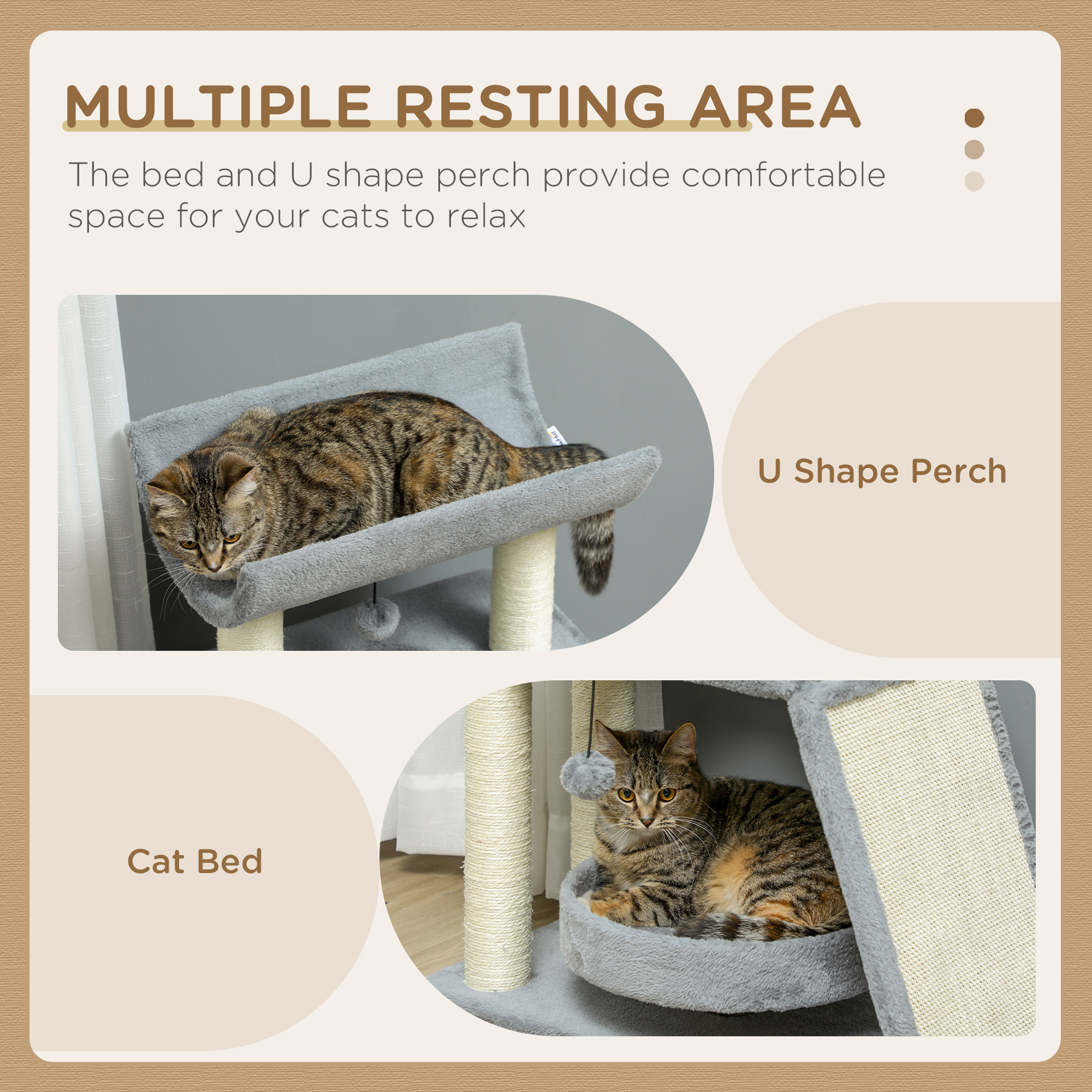 Small Cat Tree with Perch, Scratching Posts, Pad, Bed, Toy Balls, Light Grey