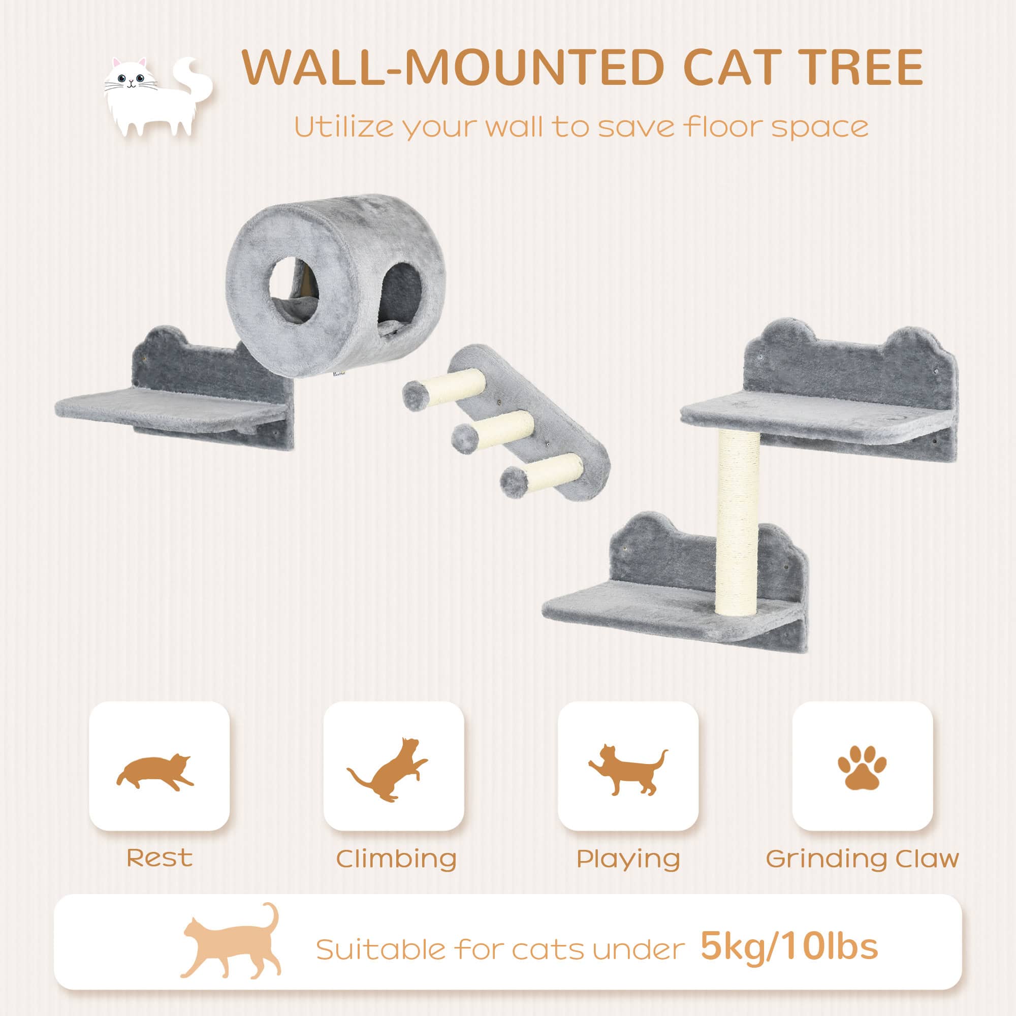 4 PCs 9.3" H Cat Wall Shelves, Pet Wall-mounted Climbing Shelf Set, Kitten Activity Centre with Condo, Cushion, Scratching Post, Jumping Platform, Grey - Image 4