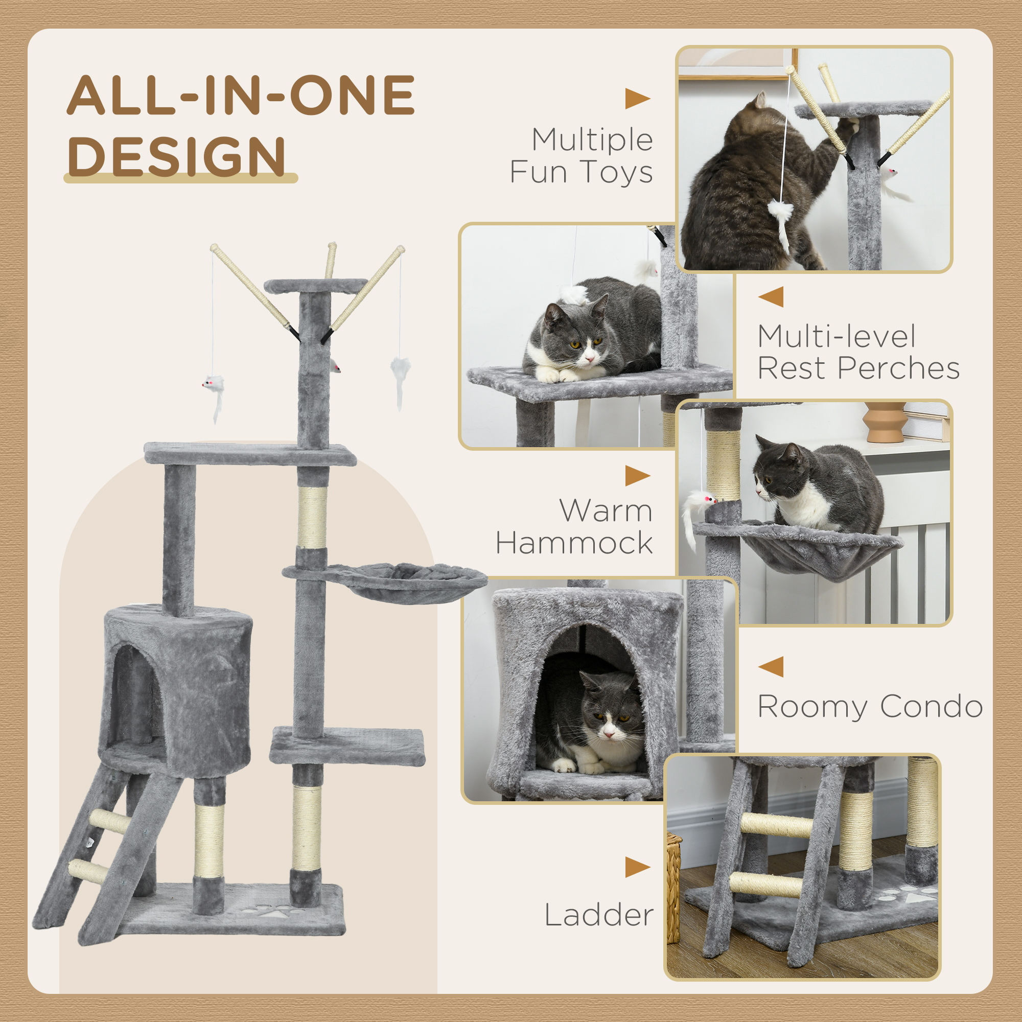 53" Cat Tree Tower, Kitten Activity Centre with Scratching Posts, Condo, Perches, Ladder, Hammock, Dangling Toys, Grey