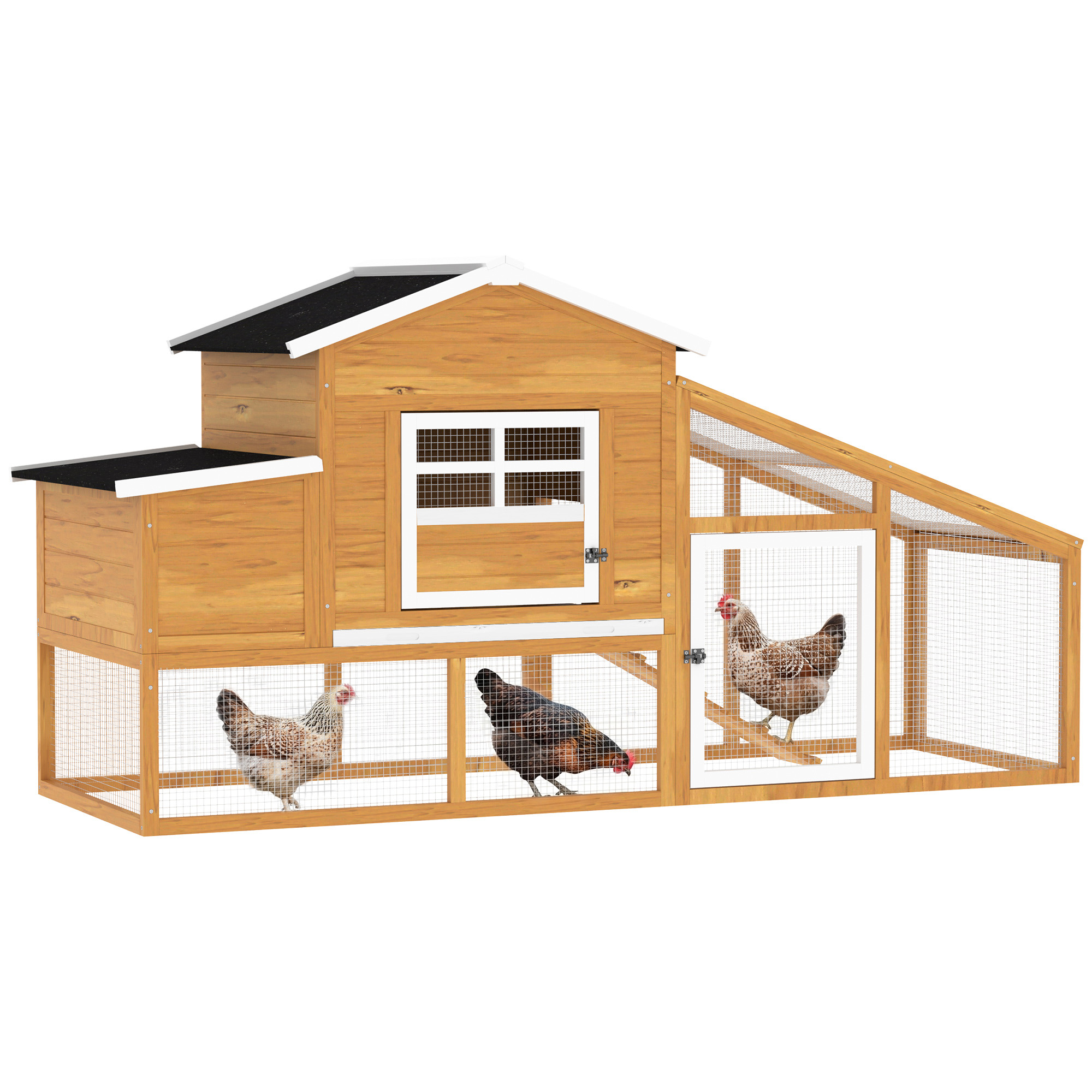 79" Wooden Chicken Coop, Outdoor Hen House, Poultry Habitat with Removable Tray, Nesting Box, Run, Ramp, Brown