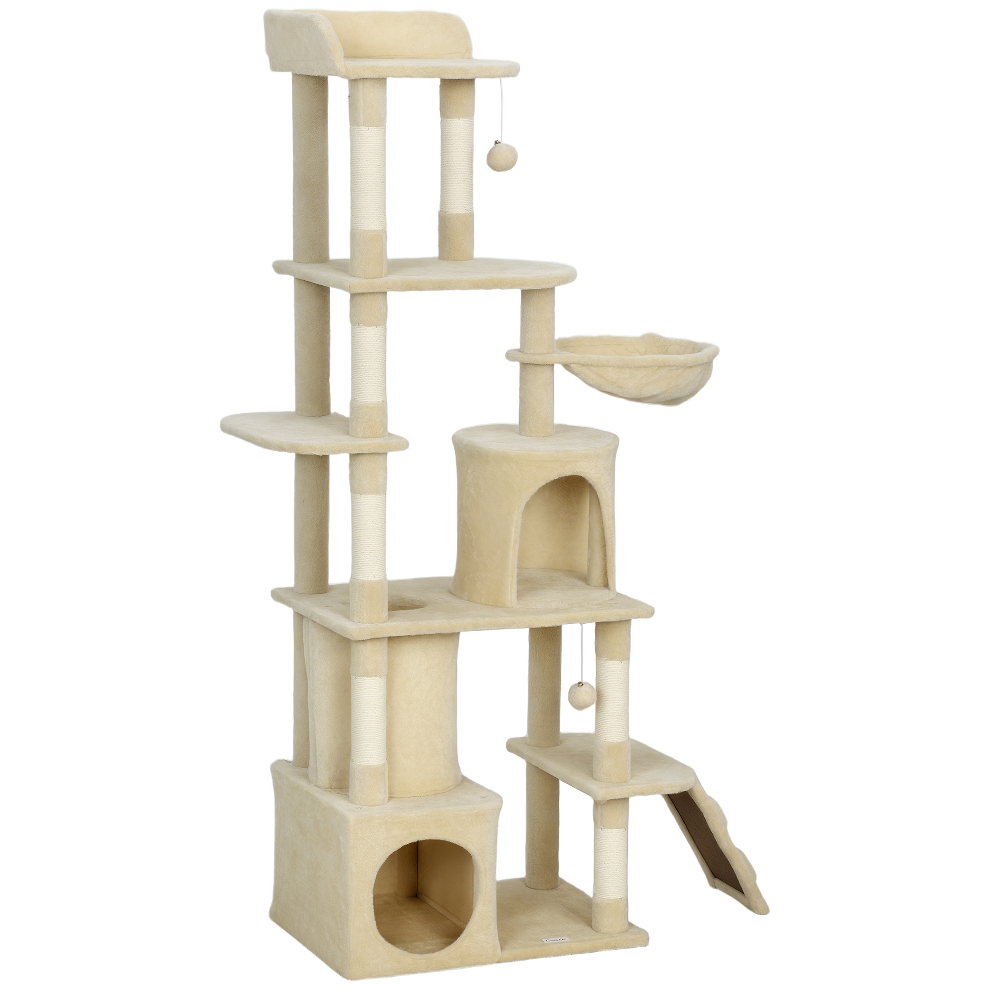 67" Large Cat Tree with 7 Scratching Posts, Tunnel, 2 Condos, Hammock, Perch, Ramp, Pompoms, Beige