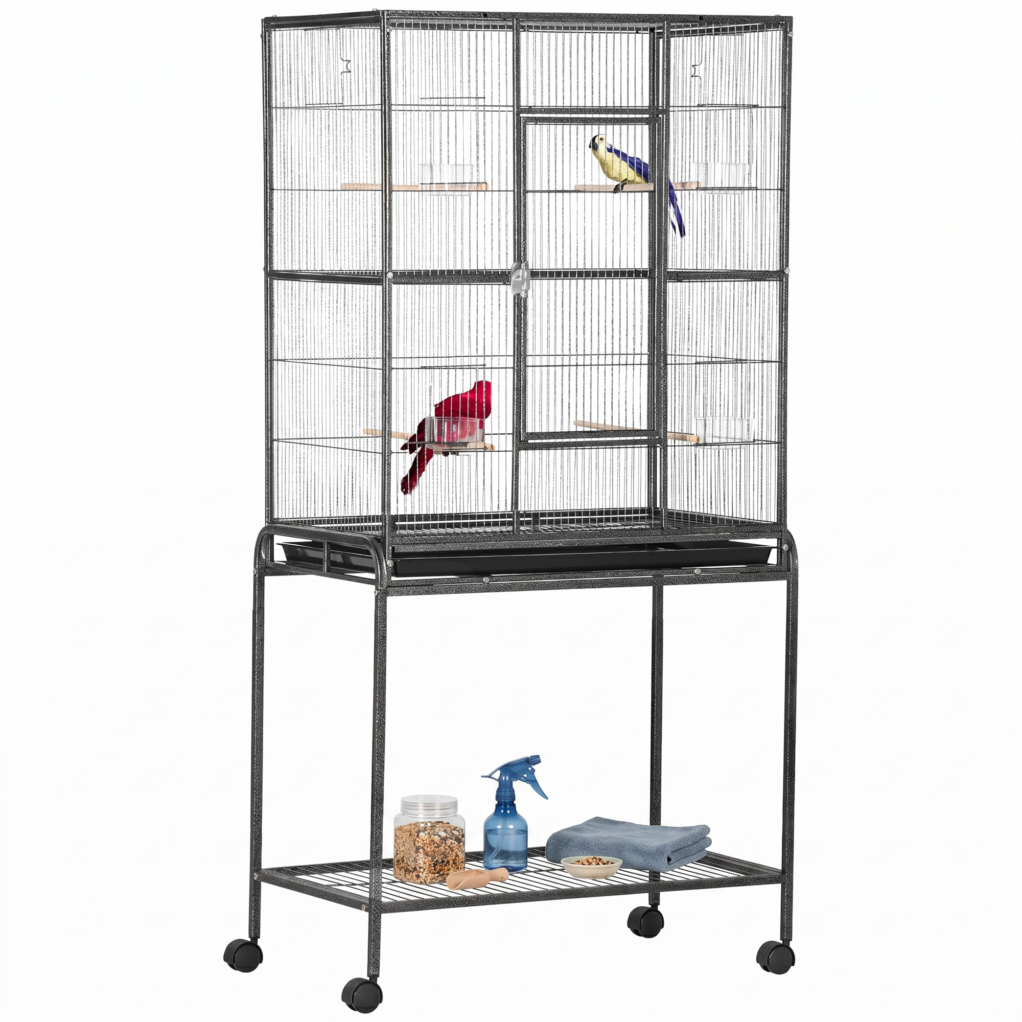 Large Rolling Metal Bird Cage Bird House with Detachable Rolling Stand, Storage Shelf, Wood Perch Food Container - Black