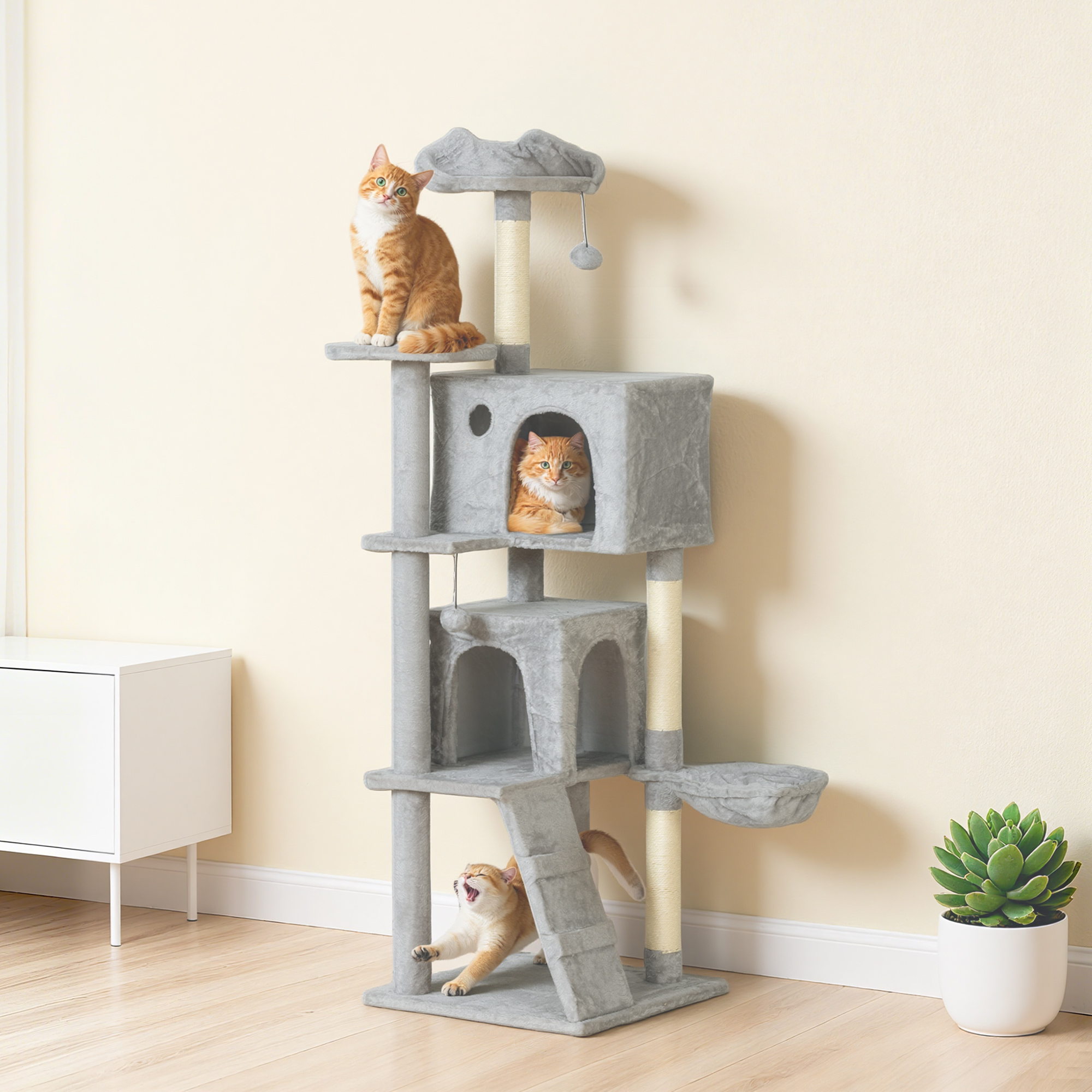 63 Inch Cat Tree with Sisal Scratching Posts, Condos, Plush Perches, Hammock, Ladder, Dangling Balls, Light Grey