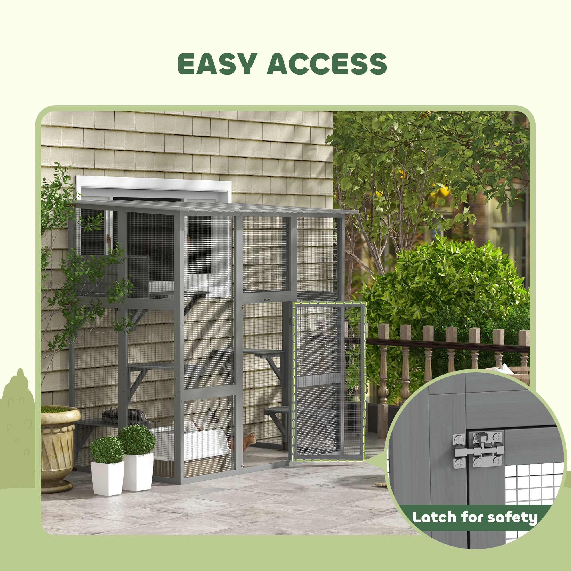 Large Outdoor Catio with Weatherproof Roof, Bridge, Resting Box, Platforms, Grey