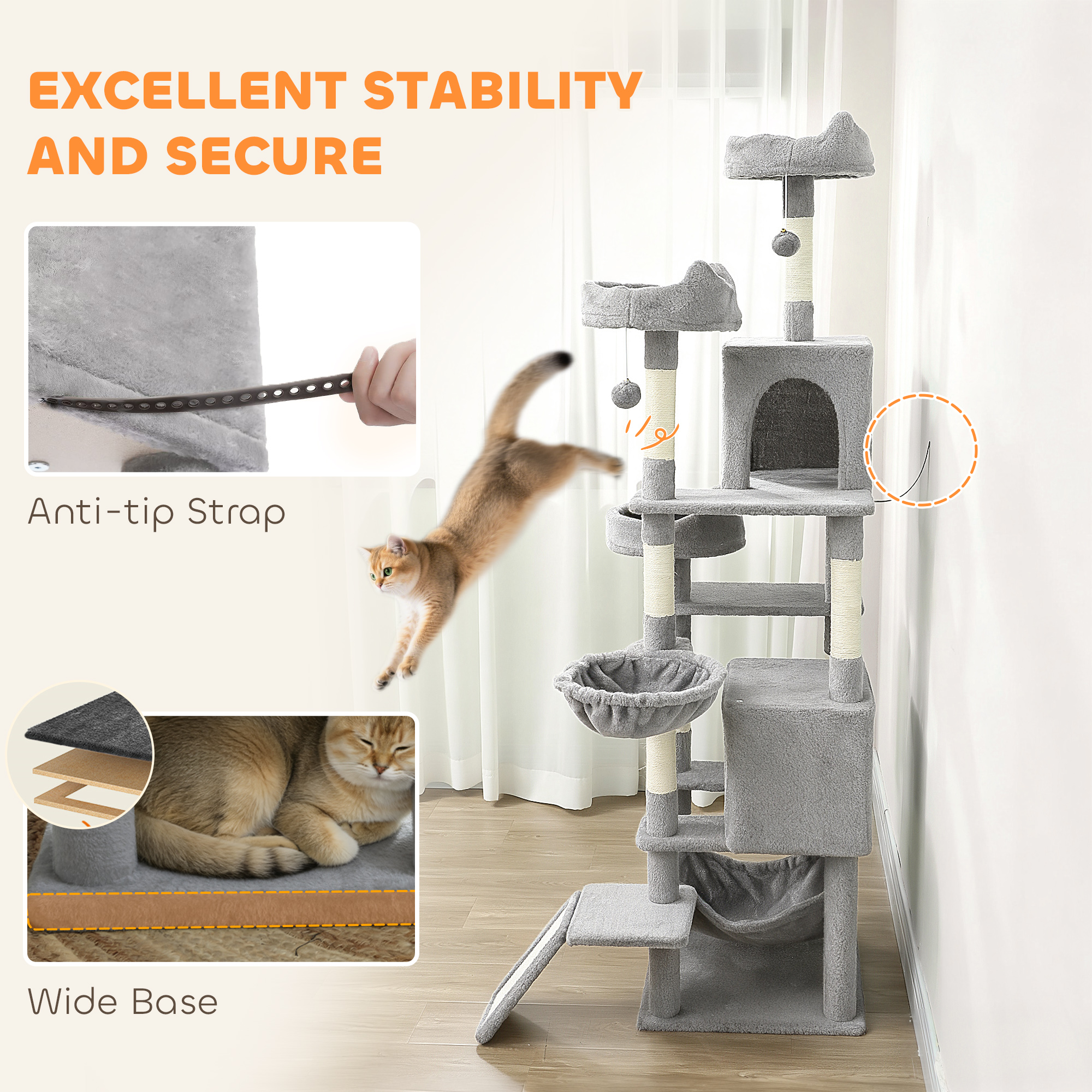 76" Large Cat Tree for Indoor Cats with 8 Scratching Posts, 3 Plush Beds, 2 Hammocks, 2 Large Condos, Ramp, Light Grey