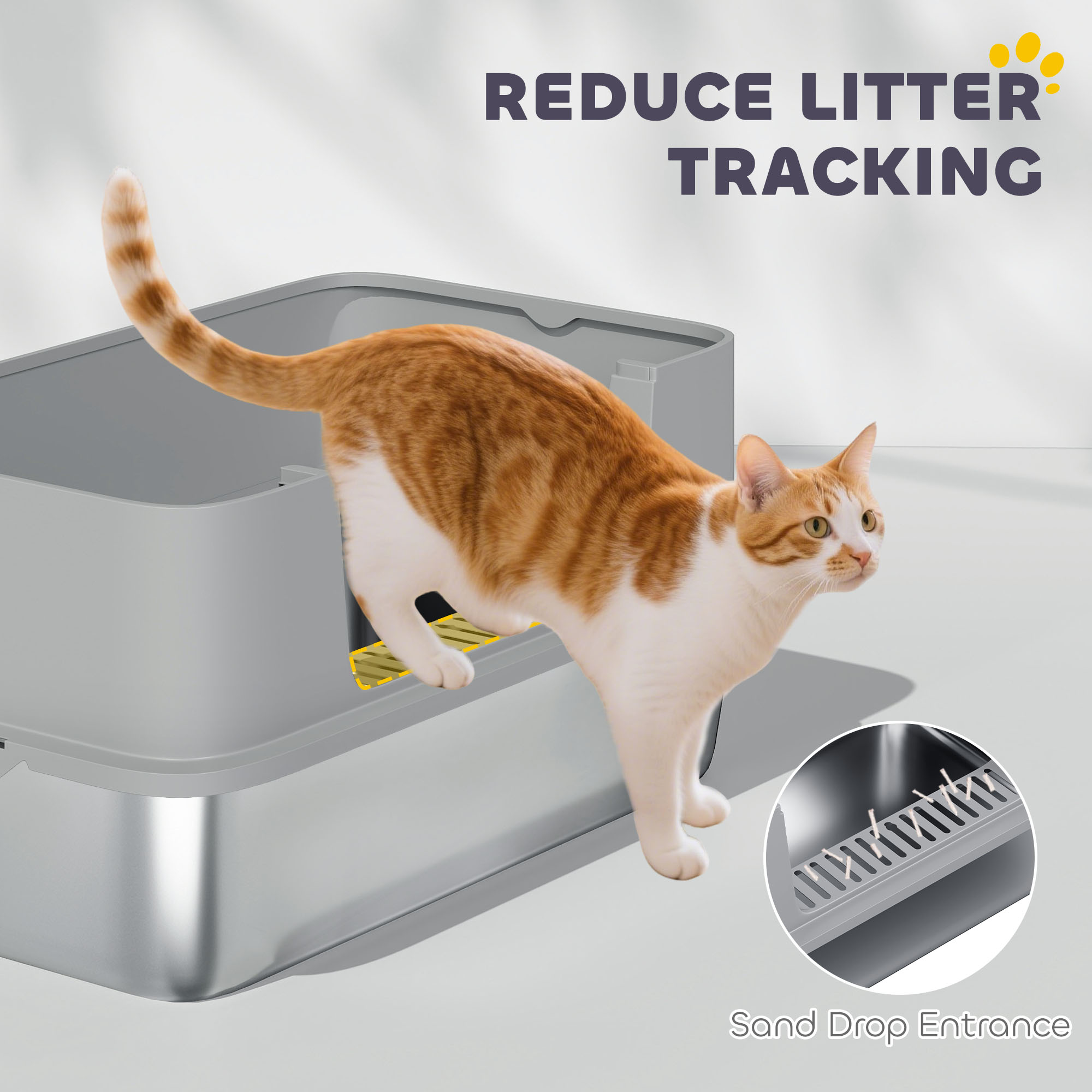 Stainless Steel Litter Box, XL High Sided Cat Litter Box with Scoop, Anti Leakage & Easy to Clean, 24" x 16" x 12", Grey