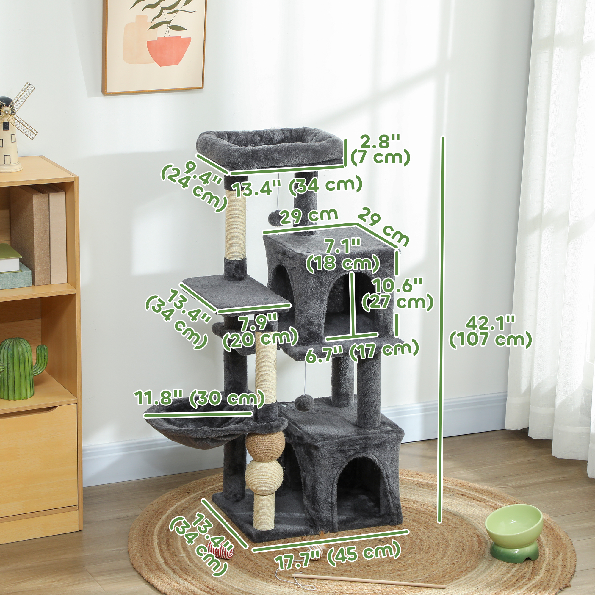 Cat Tower, 42" Multi-Level Cat Tree with Padded Plush Perch, Hammock, 2 Door Condos, Scratching Posts, Toy Balls