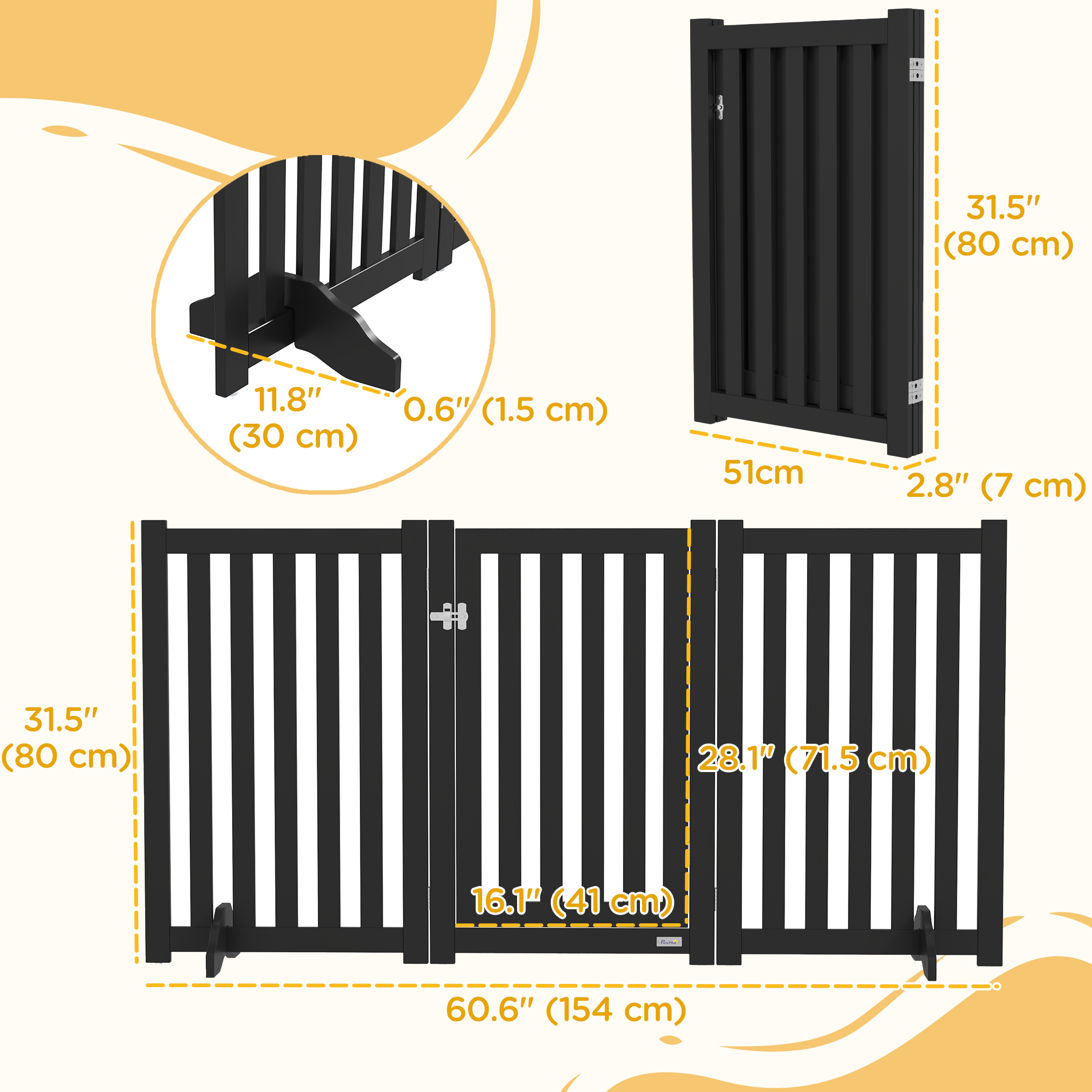 3-Panel Foldable Dog Gate with Feet for Medium Dogs and Below, Black - Image 3