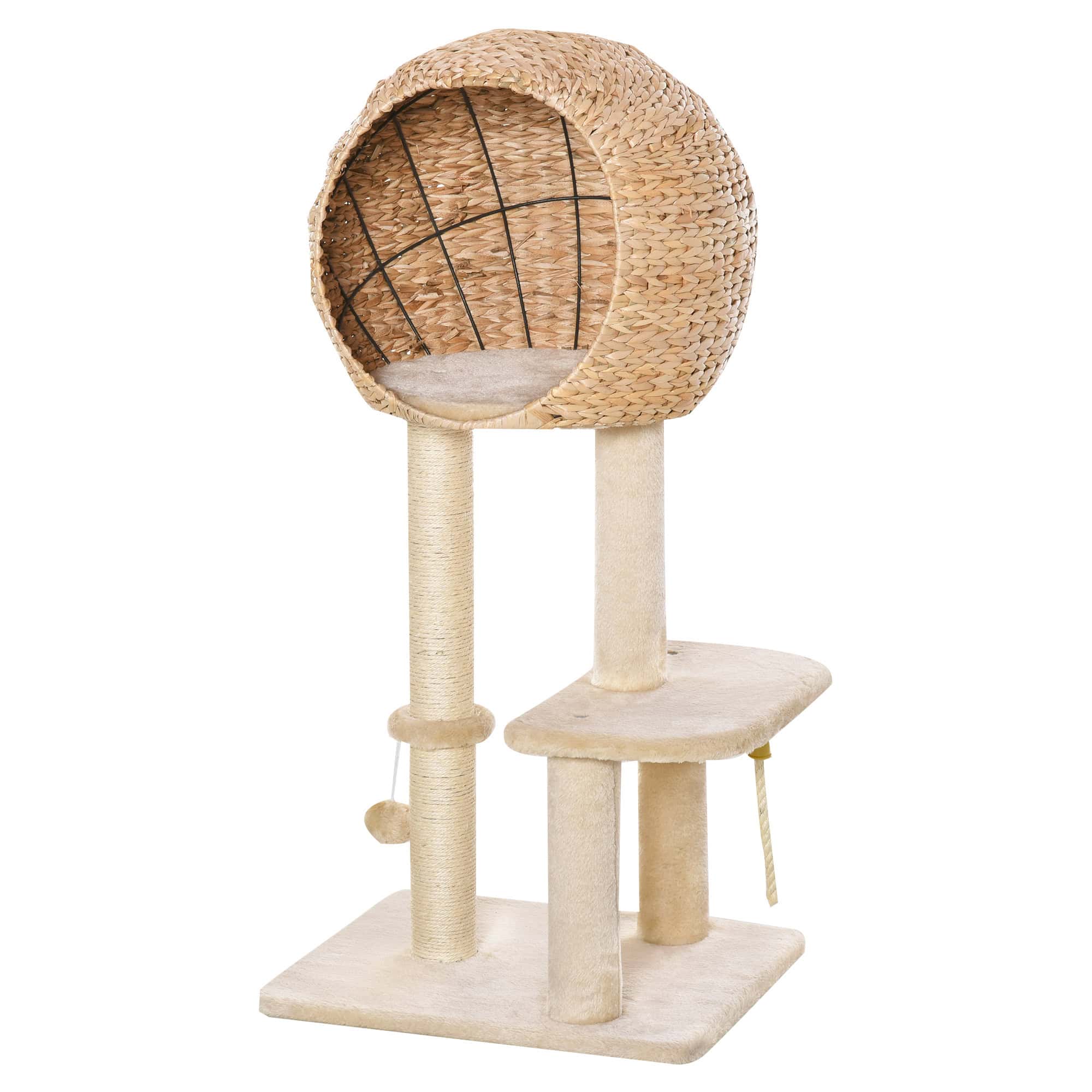 39" H Cat Tree with Sisal Scratching Post, Condo, Plush Perch, Hanging Rope and Hanging Ball, Beige
