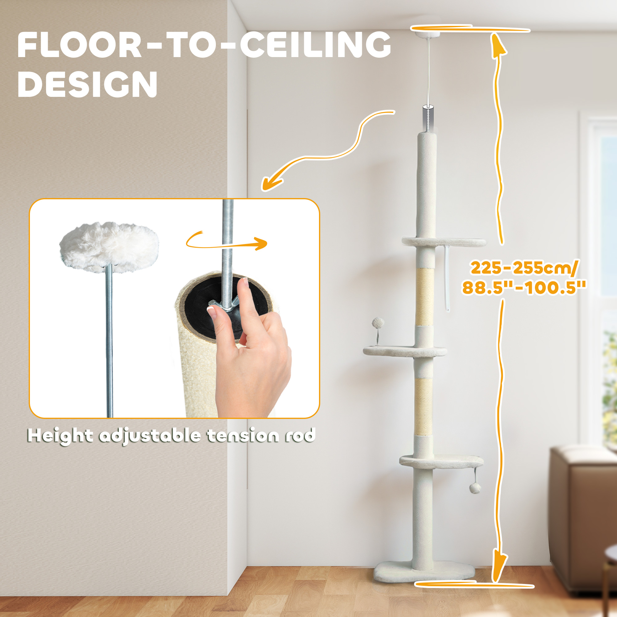 88.5"-100.5" Floor to Ceiling Cat Tree, Cat Tower with Scratching Posts, Cloud Shaped Platforms, Dangling Balls, Cream - Image 5