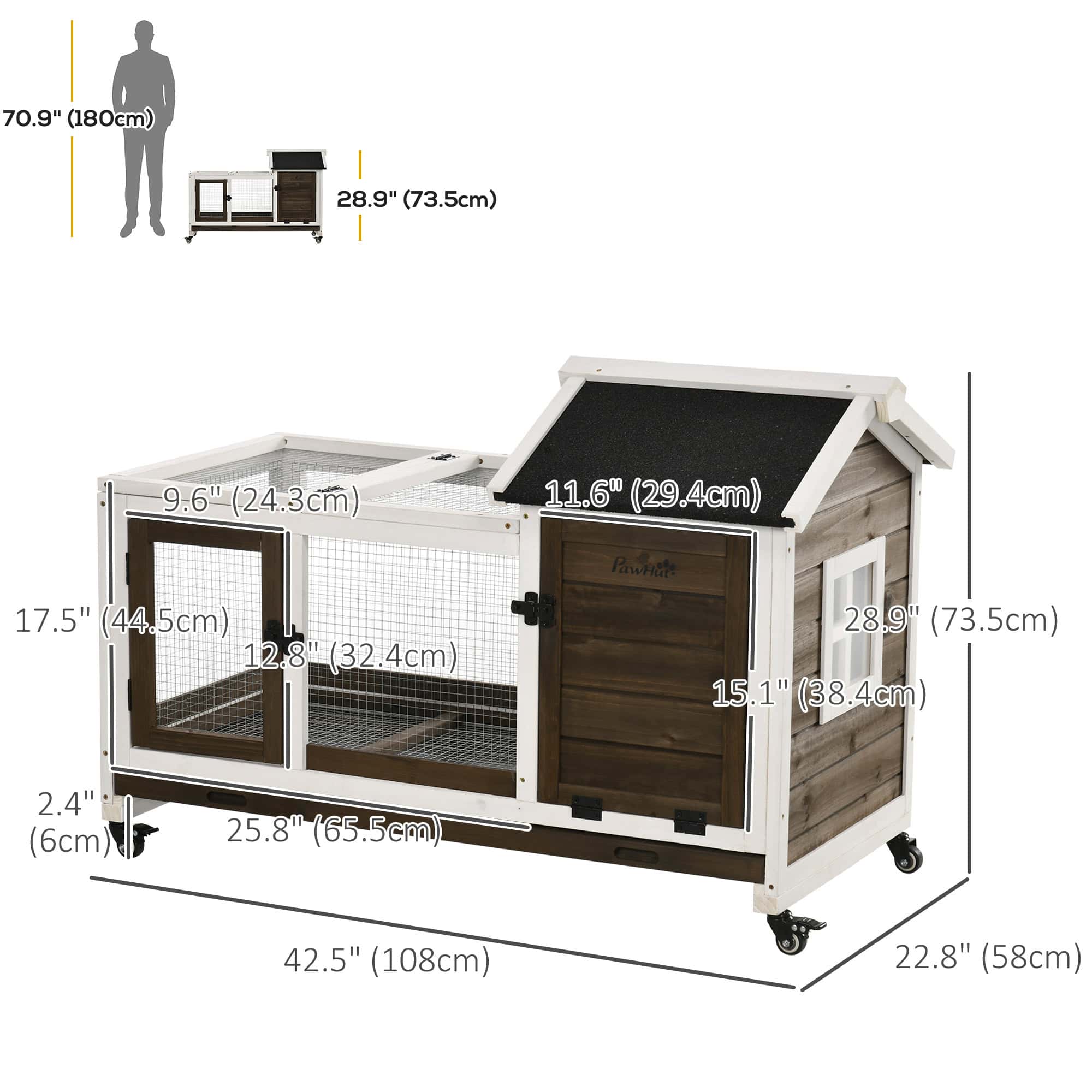 Rabbit Cage with Wheels, Ramp, Run, Tray for Indoor Outdoor, Suitable for Rabbit, Guinea Pig, Coffee - Image 3