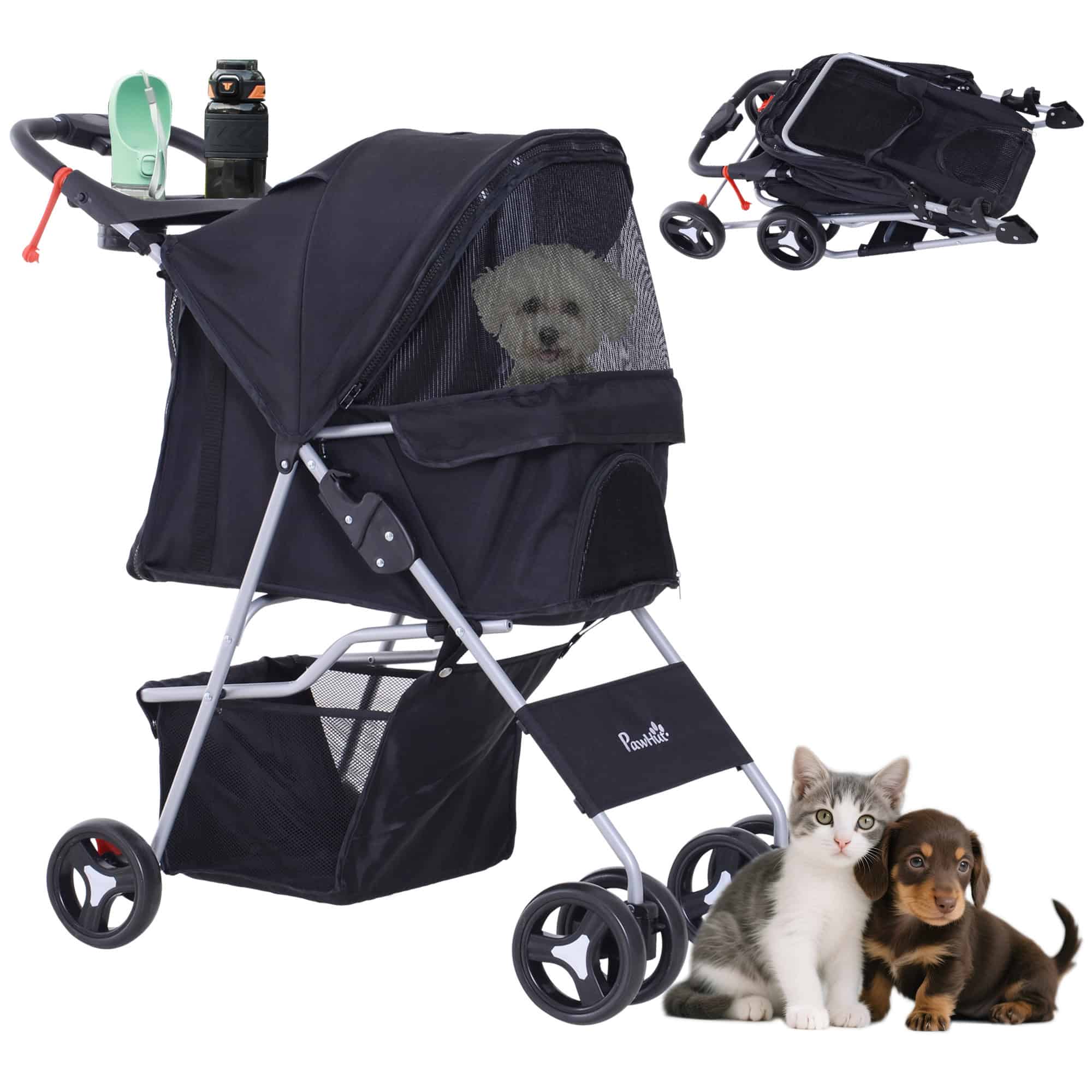 Cat Dog Stroller, One-click Foldable Pet Stroller w/Cup Holder, 4 Wheels Travel Carrier w/Brakes, 360° Swiveling Front Wheels, Storage Basket, for XS/Small Dogs Cats, Black