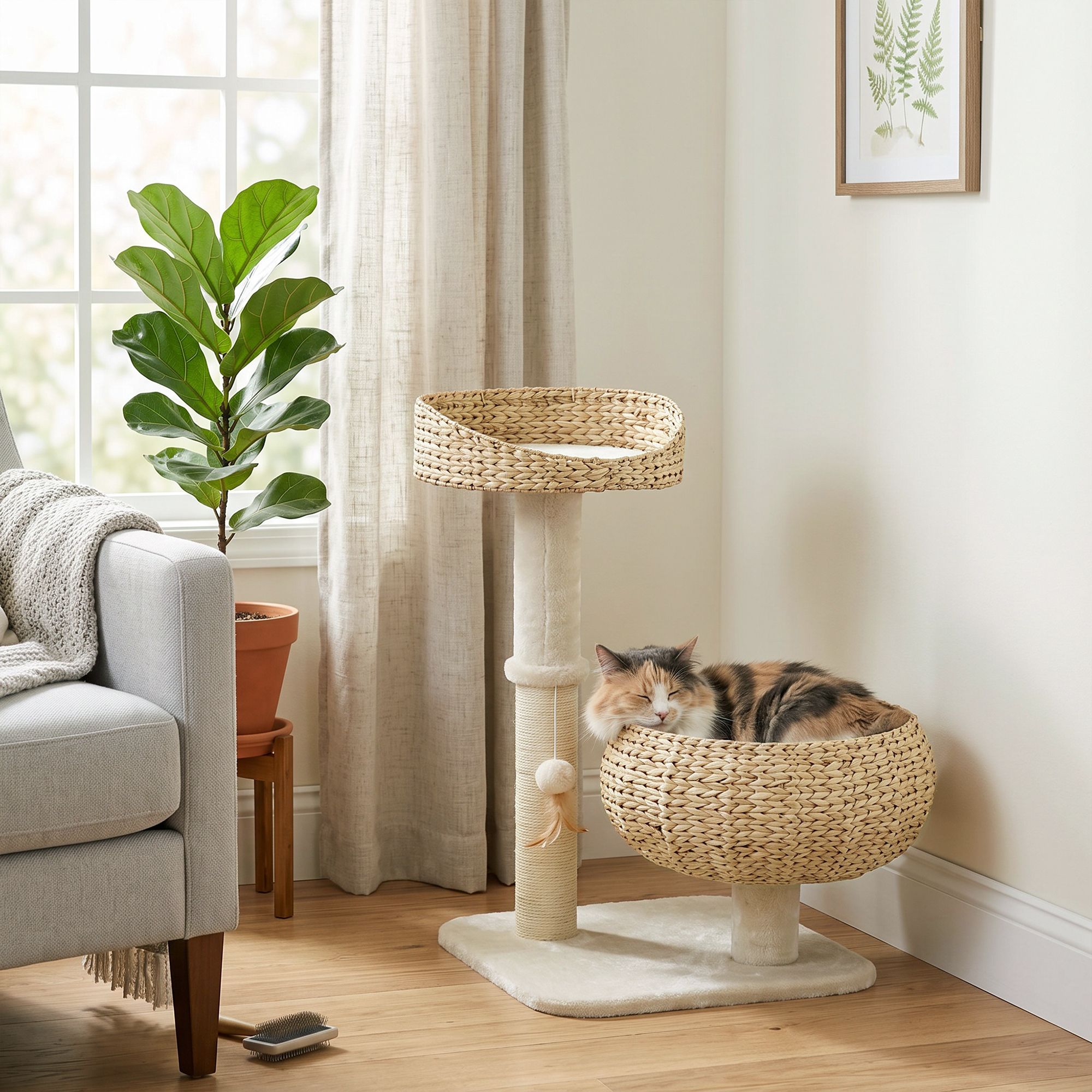 28" Cat Tree with Scratching Post, Cat Tower with Double Beds, Beige