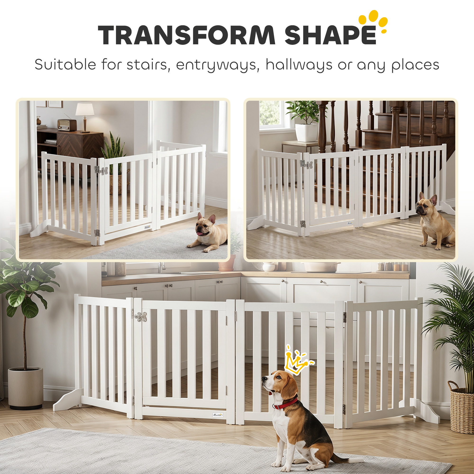 23.5"H Foldable Dog Gate with Door, 4 Panels Freestanding Pet Gate Barriers Indoor with Support Feet, Puppy Fence for Dogs, White