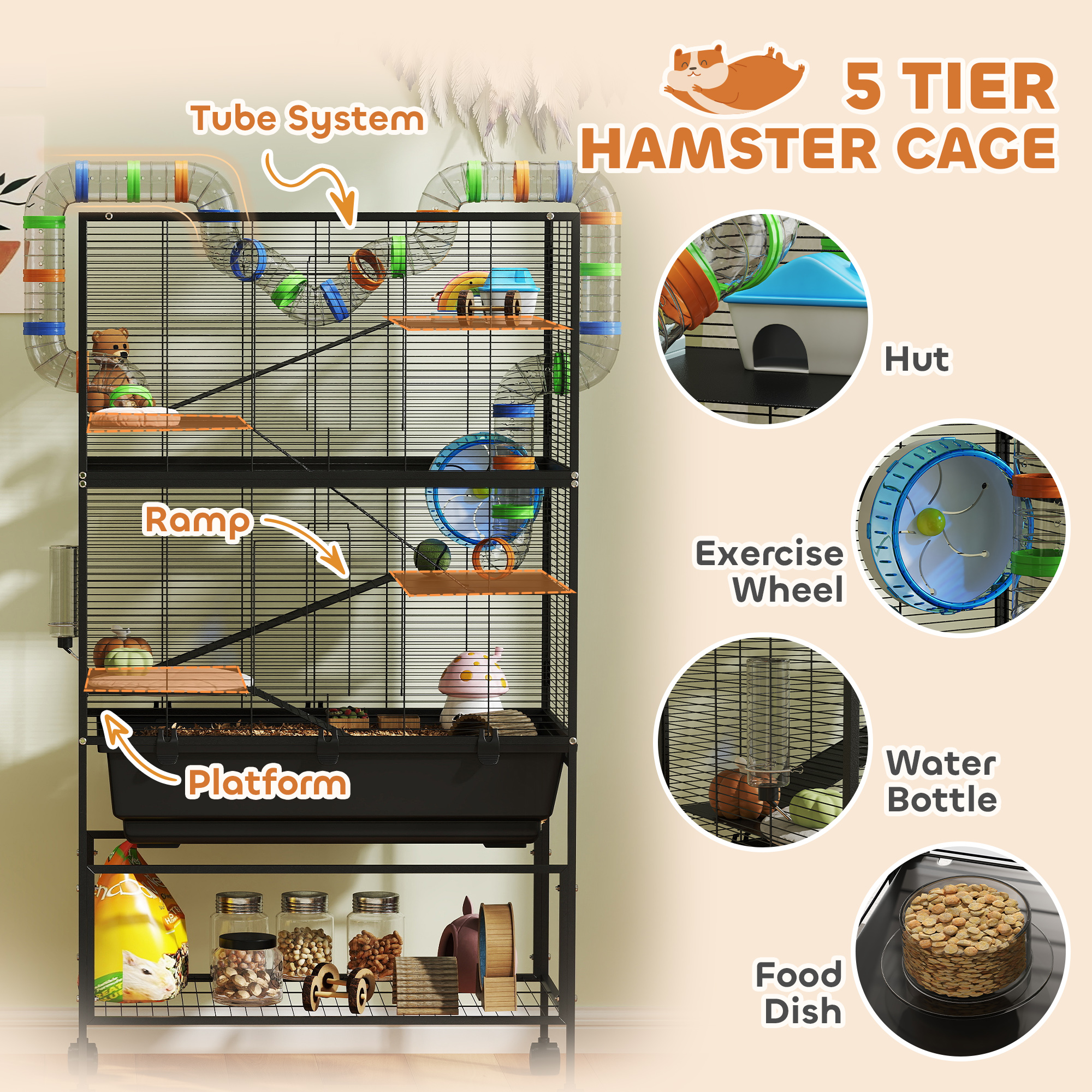 5 Tier Rolling Hamster Cage with 7" Deep Tray, Storage Shelf, Big Exercise Wheel, Tube System, for Syrian, Gerbil, Rat