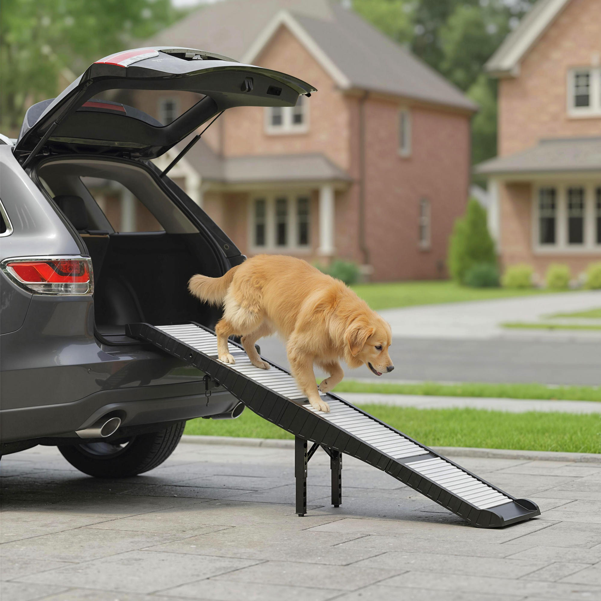 Foldable Dog Car Ramp with Support Leg, Non-Slip TPR Surface, 69" x 15.7", for Small to Large Dogs Up to 220LBS