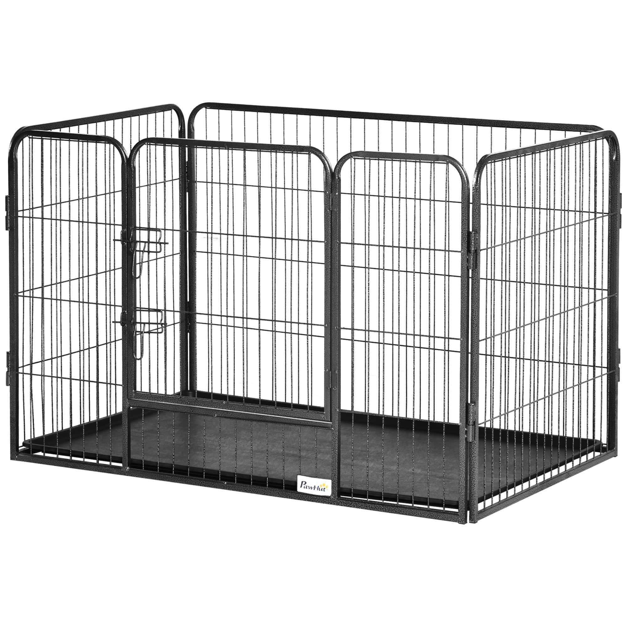 4 Panels Dog Playpen, Heavy Duty Dog Fence, 28" H Portable Pet Playpen with Door Double Locking Latches, Tray, Grey