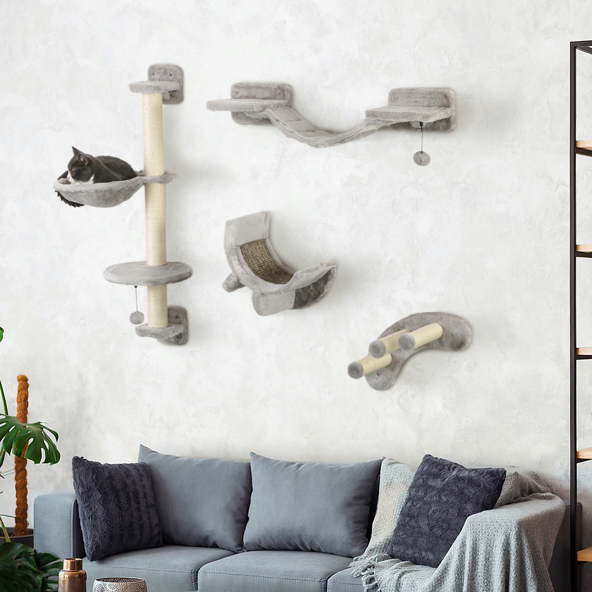 4Pcs Cat Wall Shelf with Scratching Post, Cat Wall Shelves for Relaxing, Climbing, Cat Wall With Soft Ladder, Hammock, Play Balls, Grey - Image 8