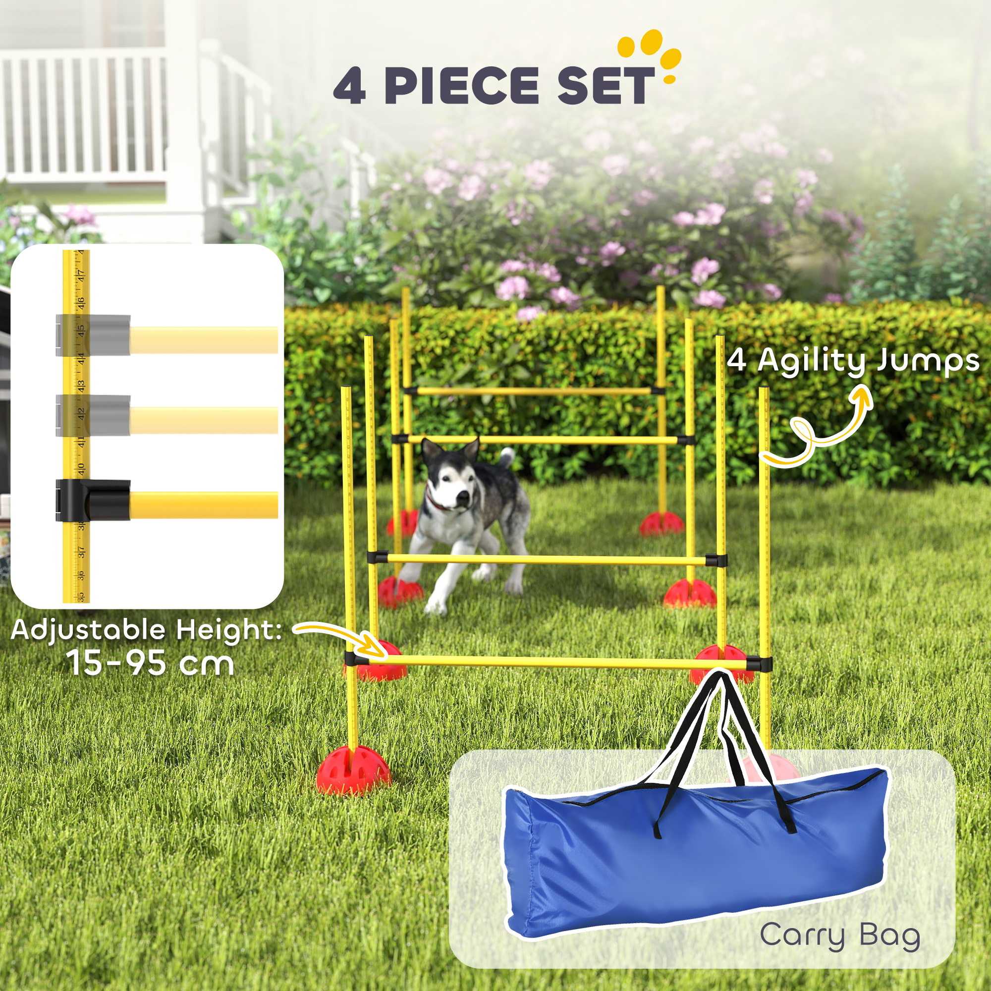 Dog Agility Training Equipment, 4 PCS Obstacle Course with Height Adjustable Jump Hurdle and Bag, Yellow - Image 4