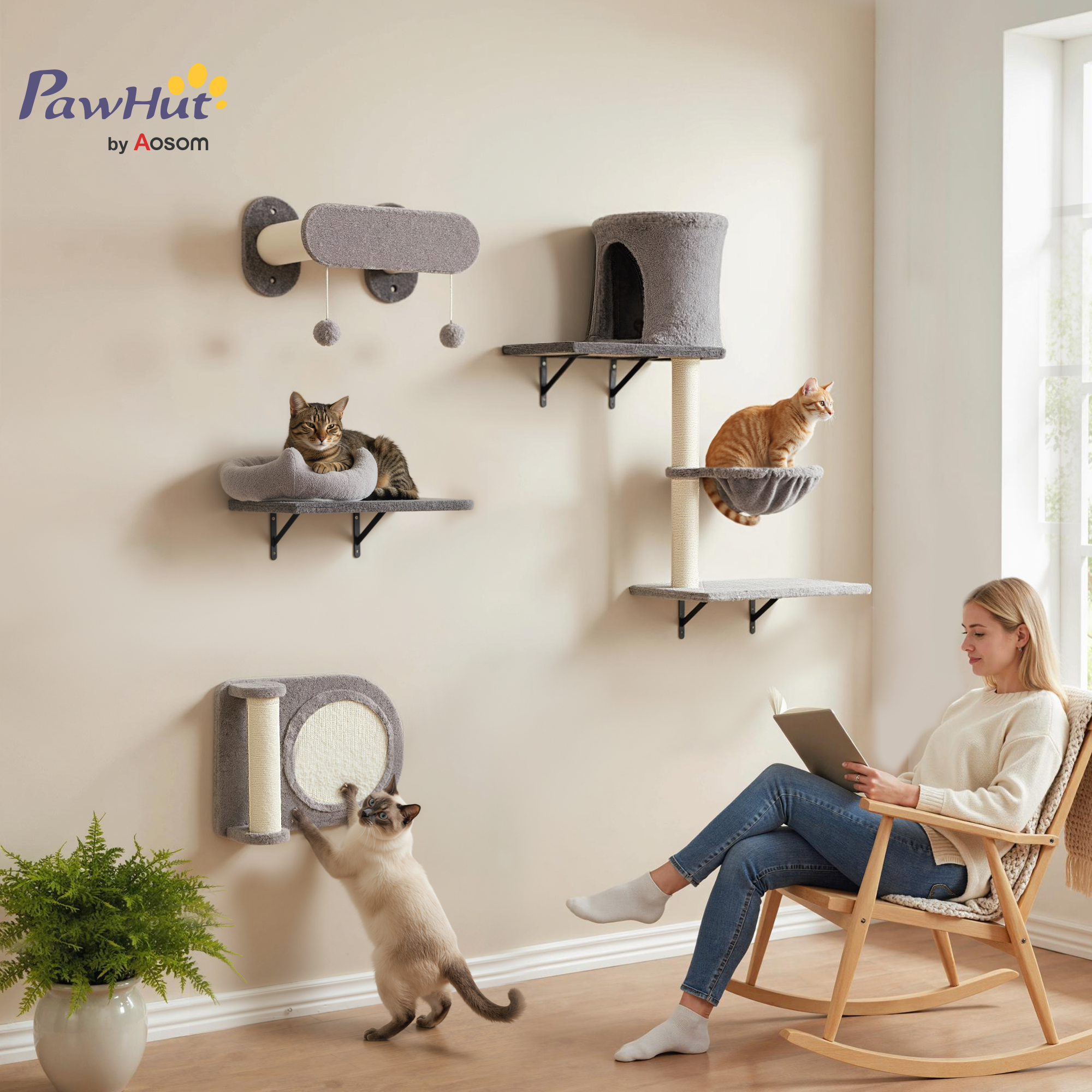4Pcs Cat Wall Shelves with Scratching Post & Pad, Condo, Hammock, Bed, Step, Hanging Pompoms, Perches