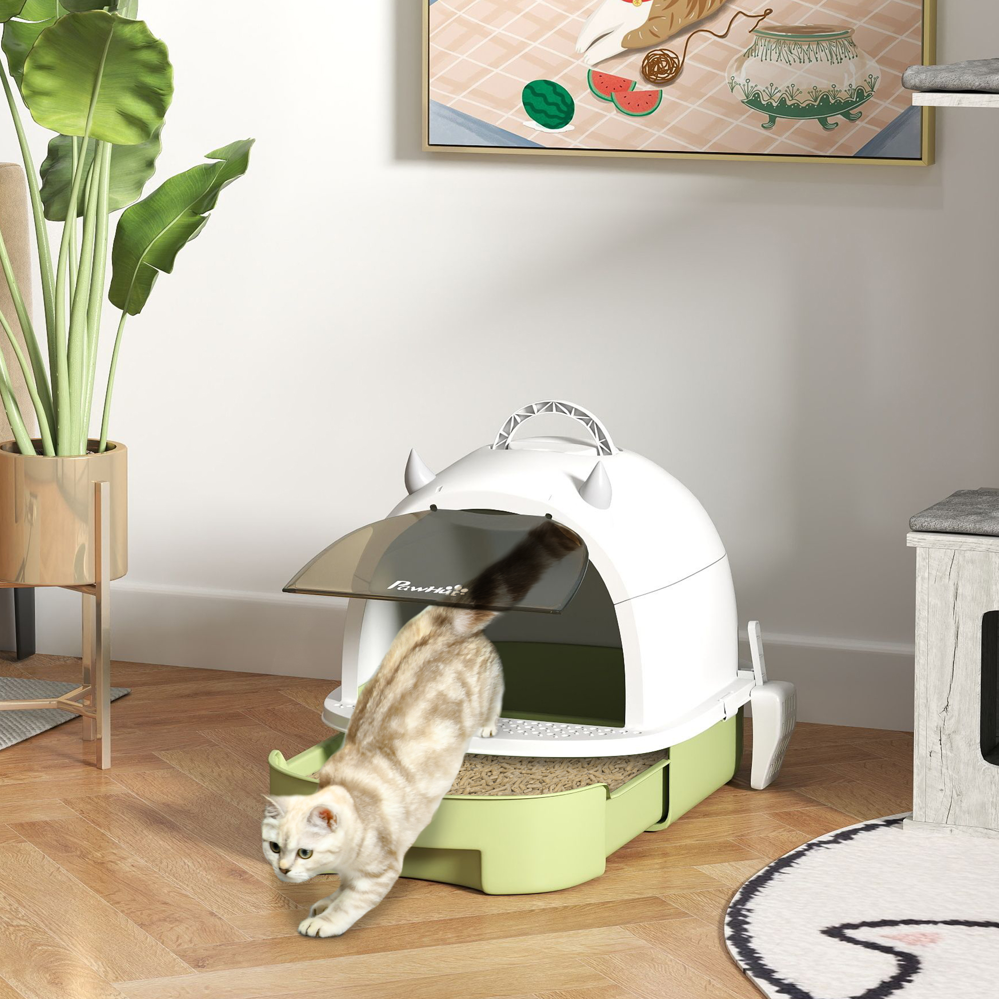 Cat Litter Box with Lid, Front Door Flap, Scoop, Handle, Easy Clean, for Small and Medium Cats, Green - Image 8