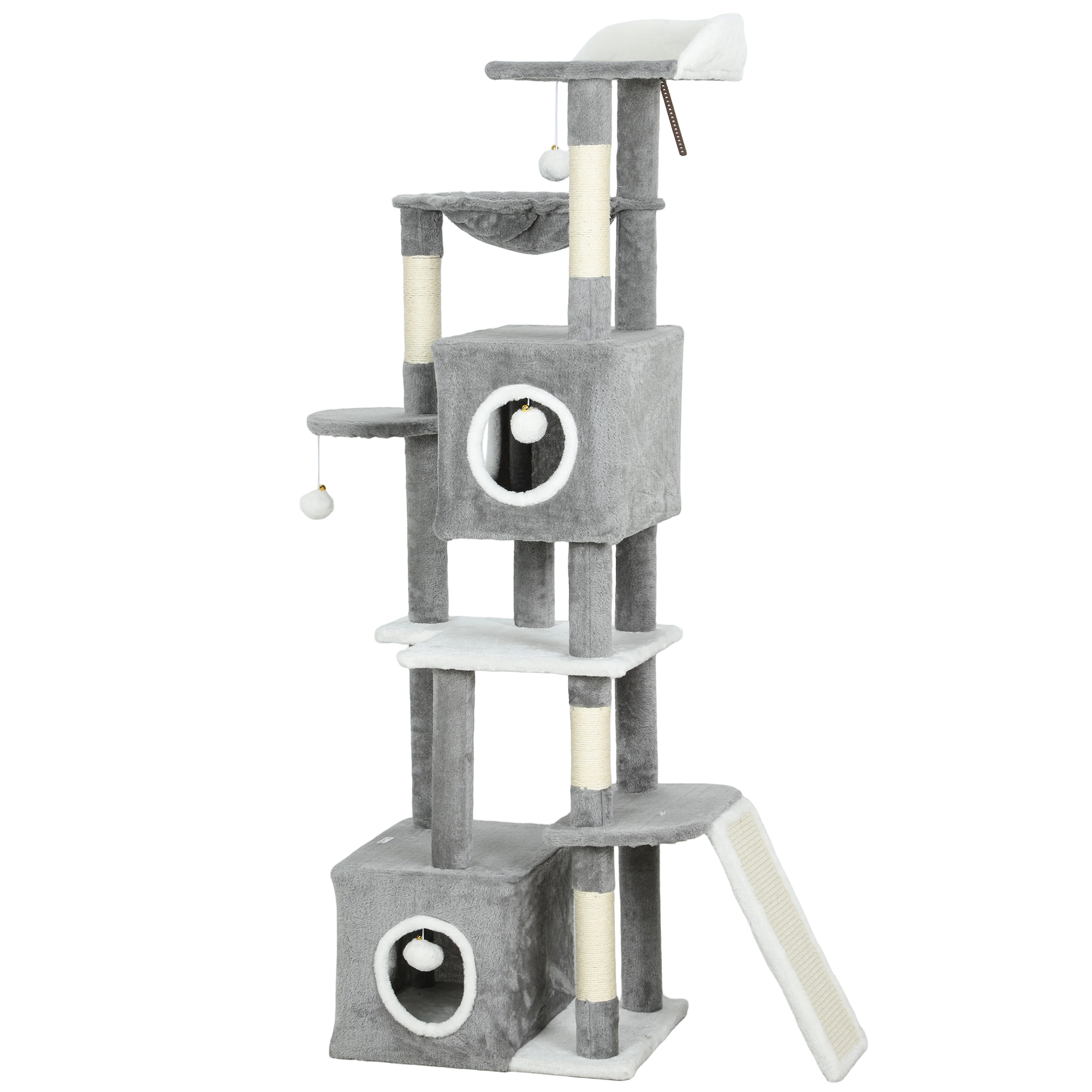 65 Inch Cat Tree with 2 Doors Condos, Plush Top Perch, Hammock, Sisal Scratching Posts, 4 Pompoms, Ramp, Grey - Image 2