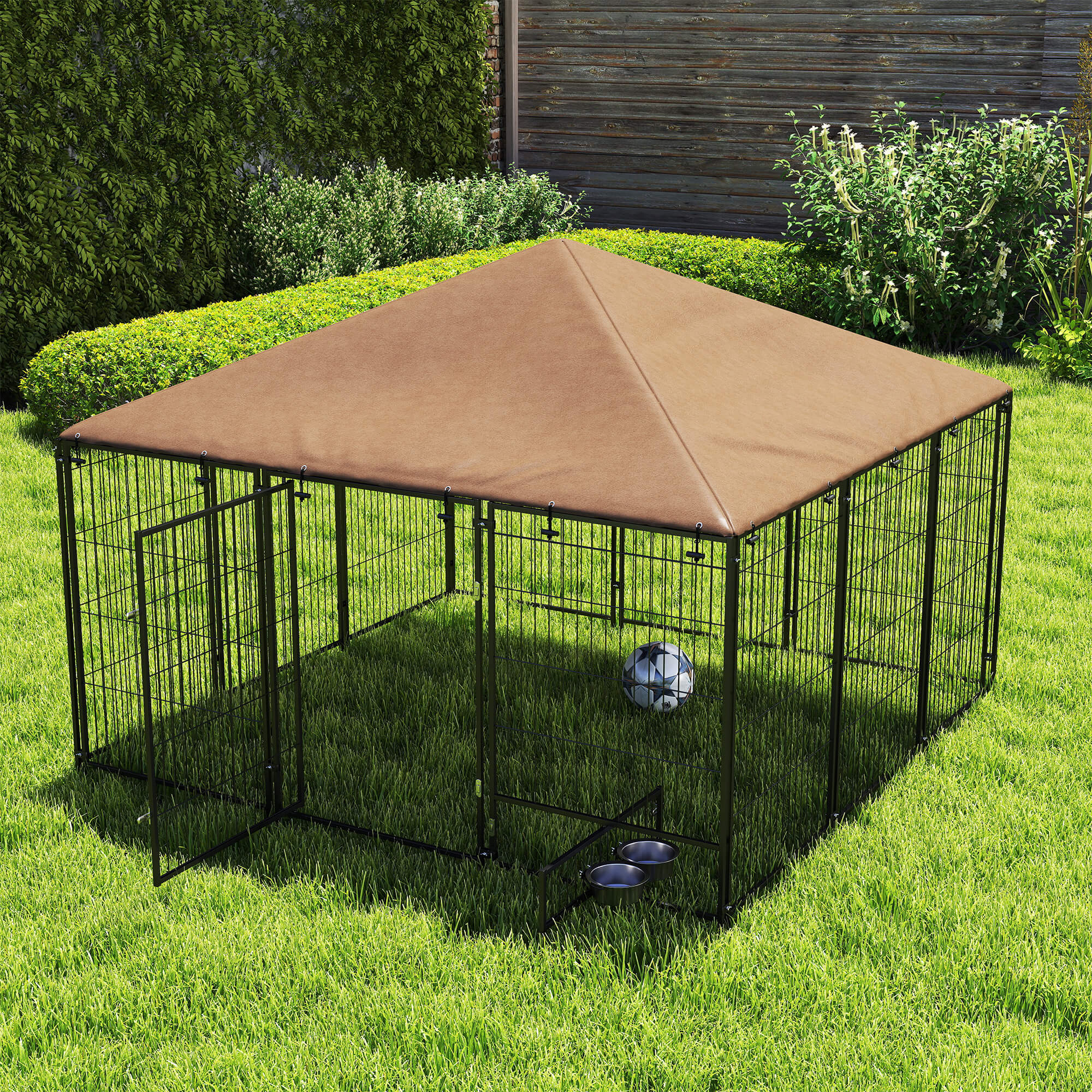 6.9' x 6.9' x 5' Outdoor Dog Kennel with Canopy, Rotating Bowls, Coffee