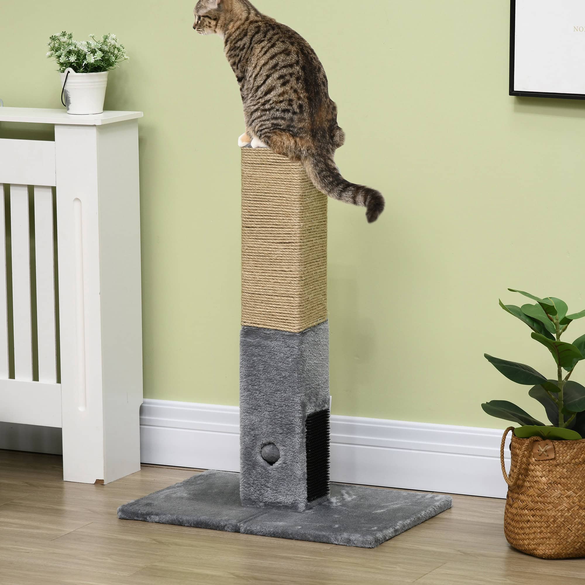 31" Tall Cat Scratching Post for Indoor Cats with Hanging Balls, Grooming Brushes, Stable Base, Grey