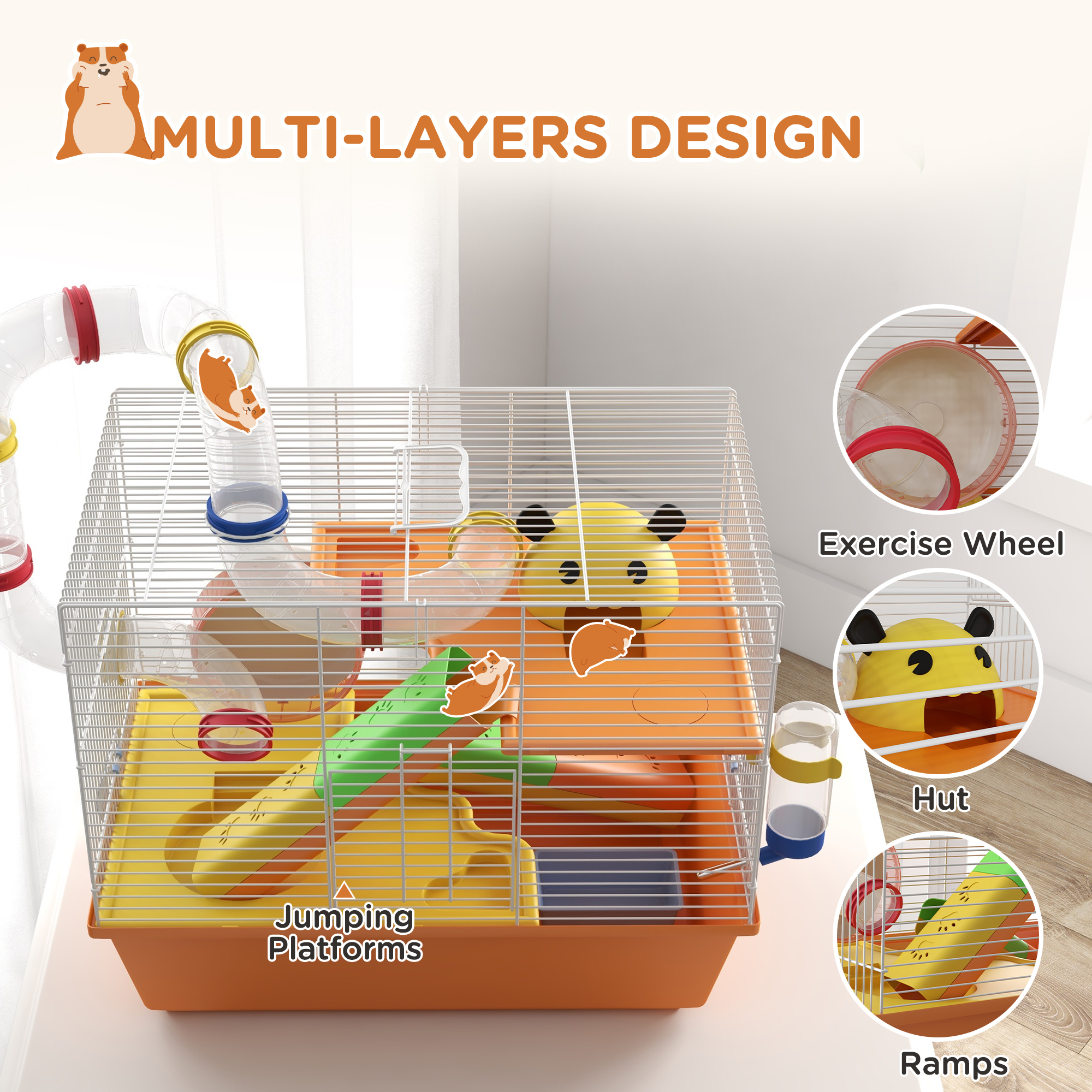 3 Tiers Hamster Cage for Gerbil, Dwarf Hamster with Tunnels, Water Bottle, Exercise Wheel, 18" x 11" x 15" - Orange