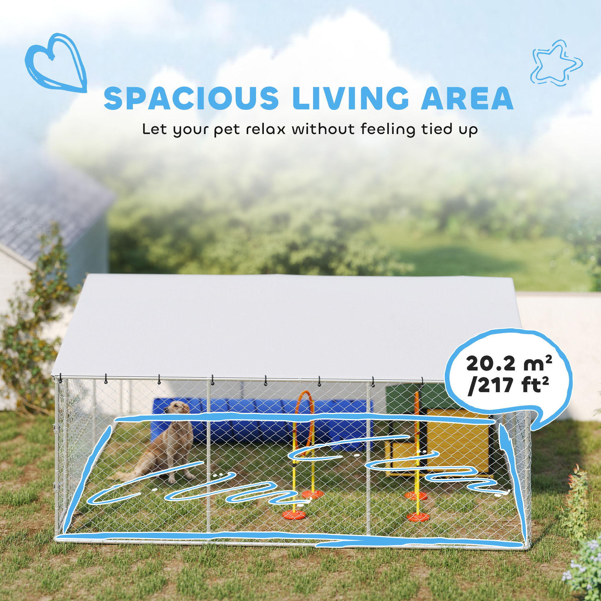 14.8' x 14.8' x 7.1' Dog Kennel Outdoor for Small Medium Large Dogs with Waterproof Cover, Silver