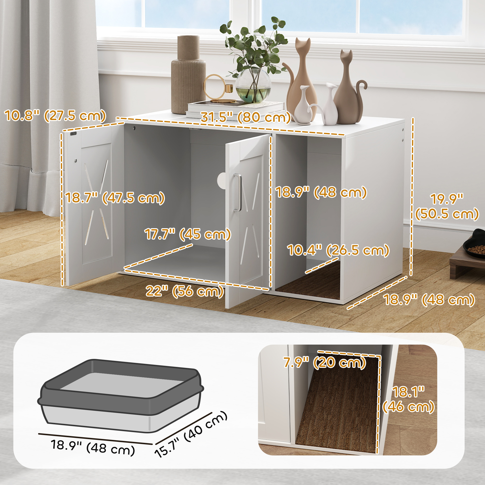 Cat Litter Box Enclosure, Hidden Cat Litter Box Furniture with Scratching Board, 31.5" x 19" x 20", White
