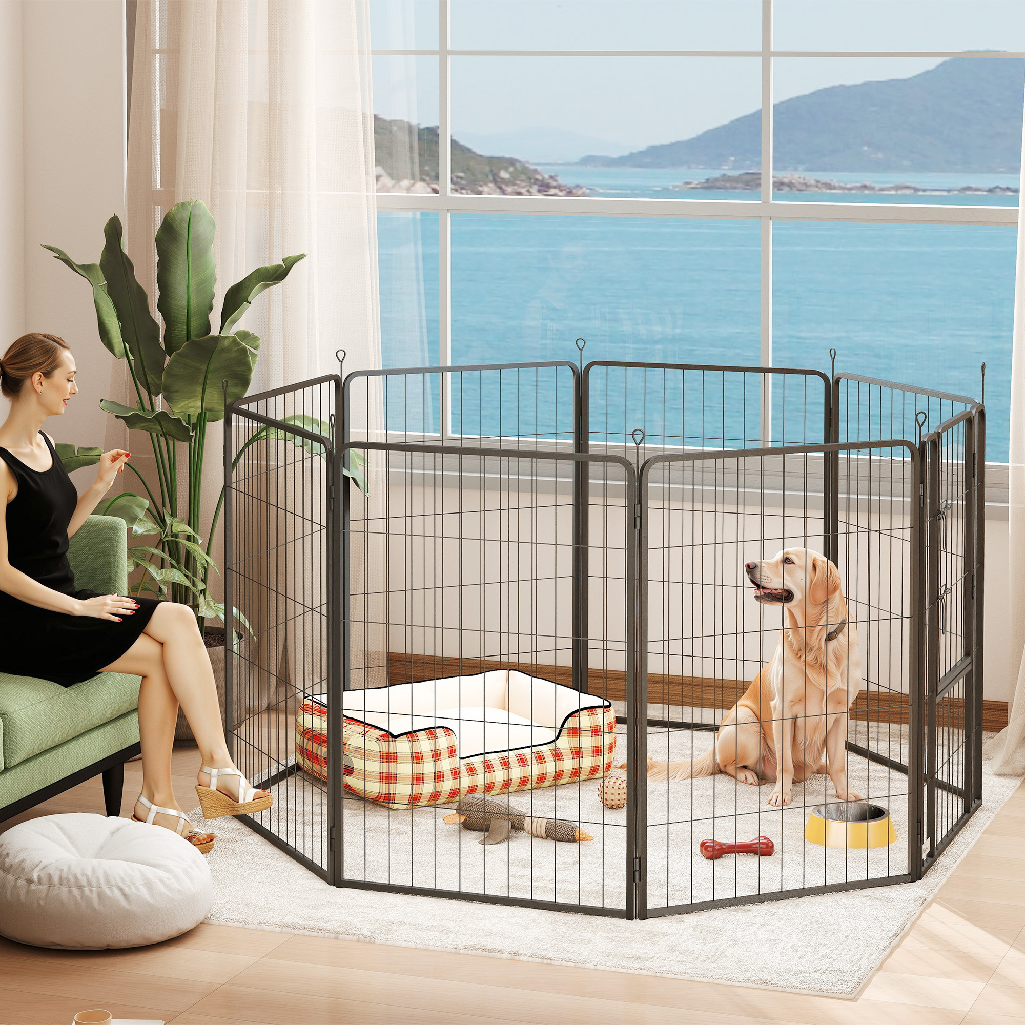 Large Dog Playpen Indoor Outdoor Foldable Pet Pen with Lockable Door and Ground Stakes for Large Dogs, Black