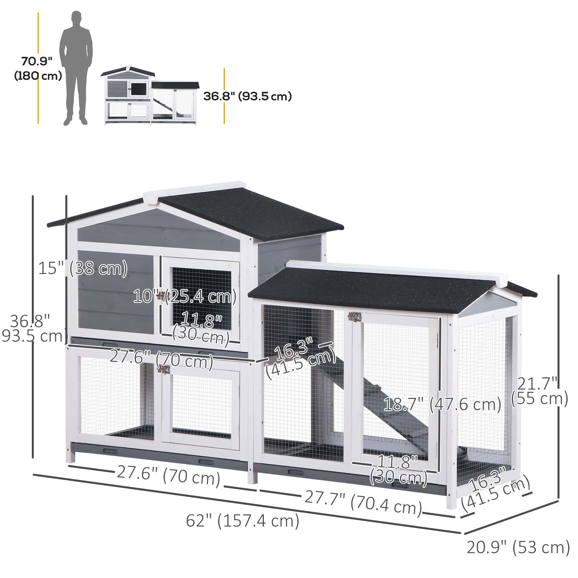 2-tier Wooden Rabbit Hutch w/ Ramp and Outdoor Run, Grey - Image 3