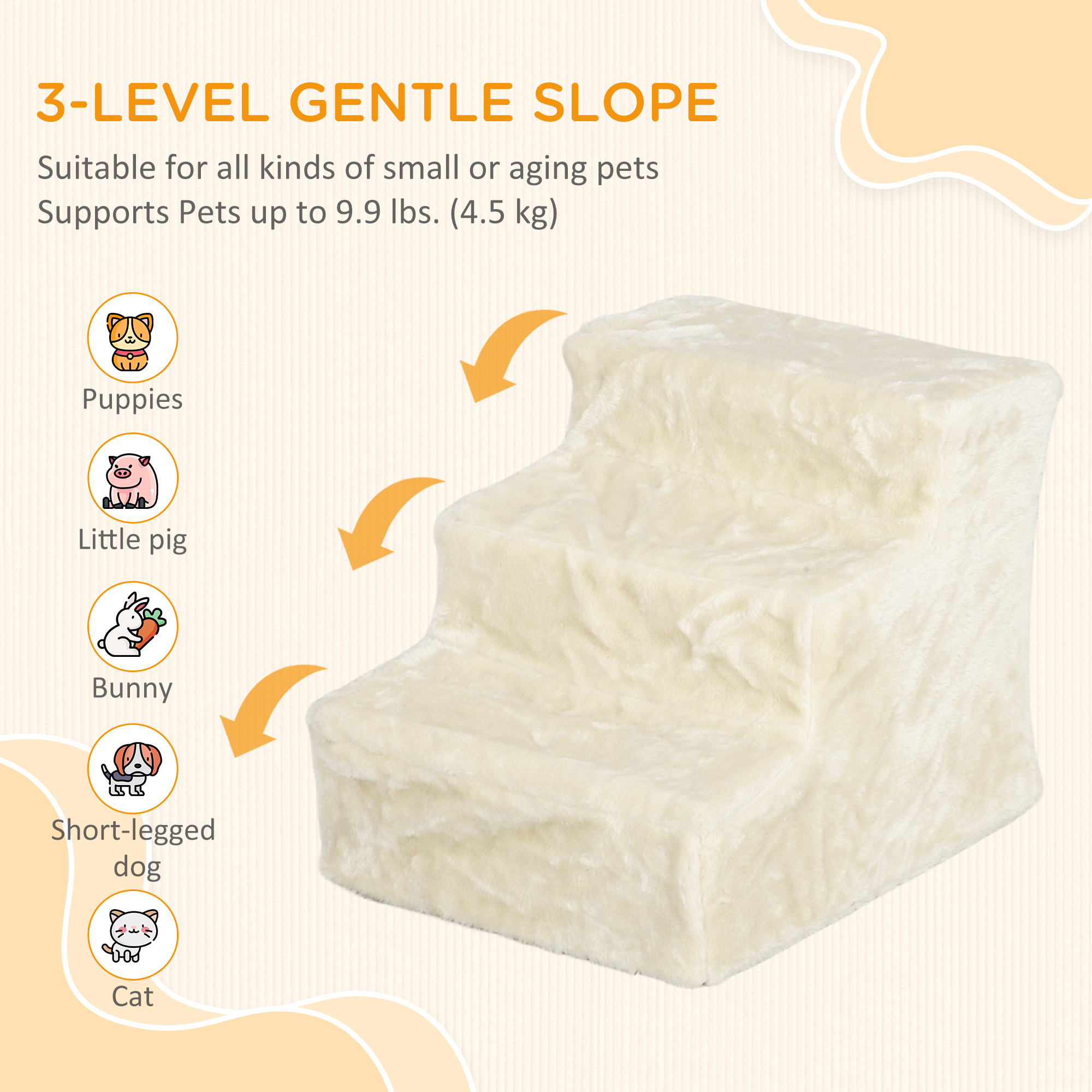 3-Step Dog Ramp for Sofa, Bed, and Couch, Pet Steps Ladder with Removable Cover, Beige