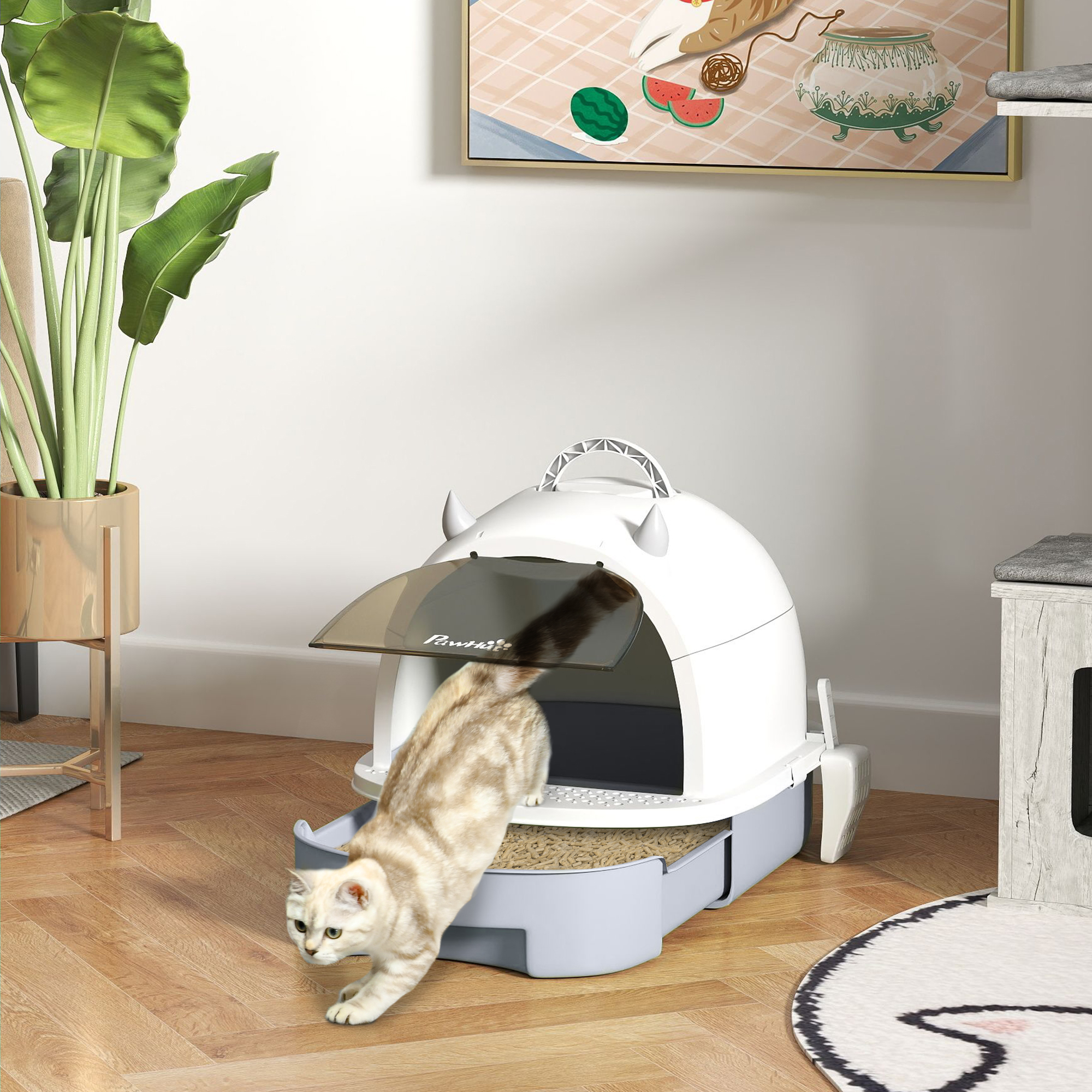 Cat Litter Box with Lid, Front Door Flap, Scoop, Handle, Easy Clean, for Small and Medium Cats, Grey - Image 8