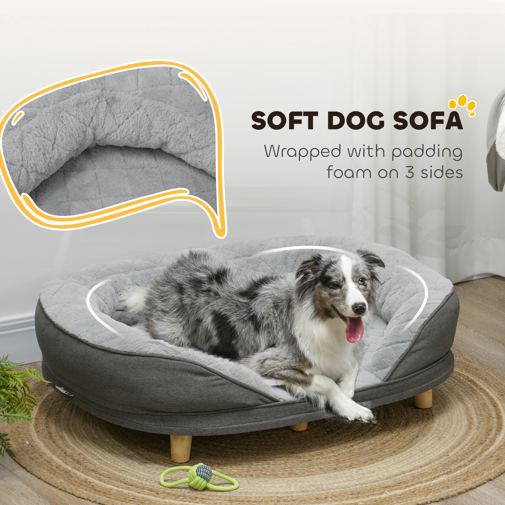 Pet Sofa Bed for Large Dogs with Removable Cushion, Washable Cover, Anti-slip Foot Pads, Grey