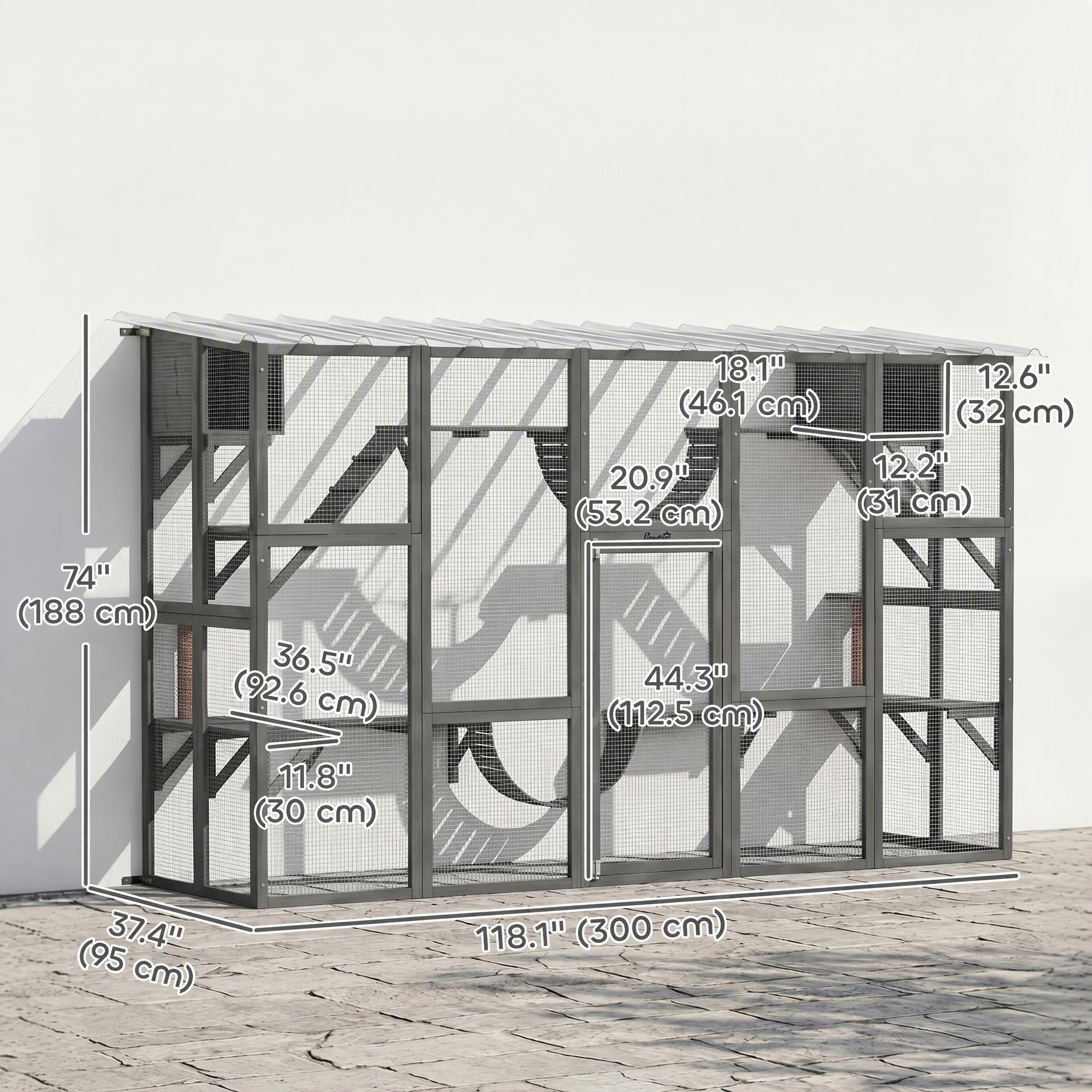 Large Outdoor Catio with Condos, Platforms, Doors, Ladders, Weather-Resistant Roof, Grey