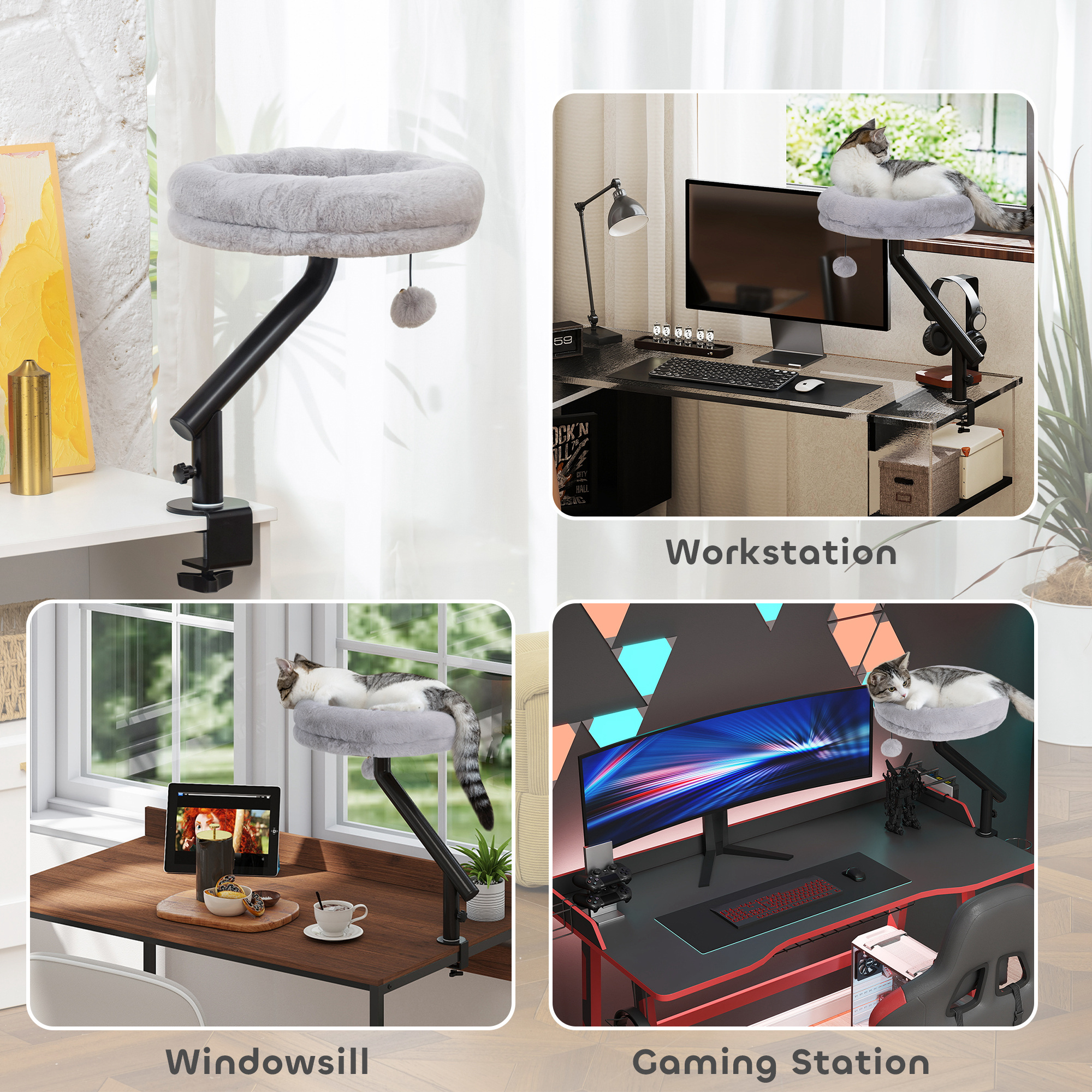 Cat Desk Bed 360° Rotatable Adjustable Height for Home Office Work Window