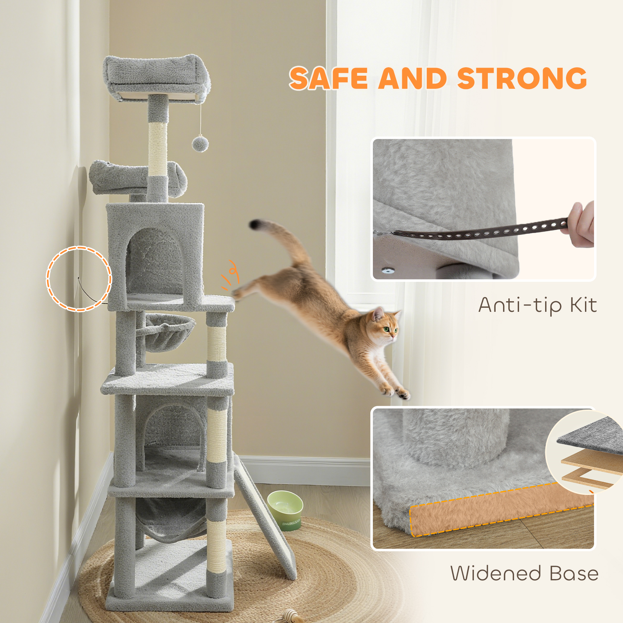 Cat Tree, 70" Multi-Level Cat Tower with 2 Condos, 2 Beds, Hammock, Toy Balls, Scratching Posts and Board, Light Grey