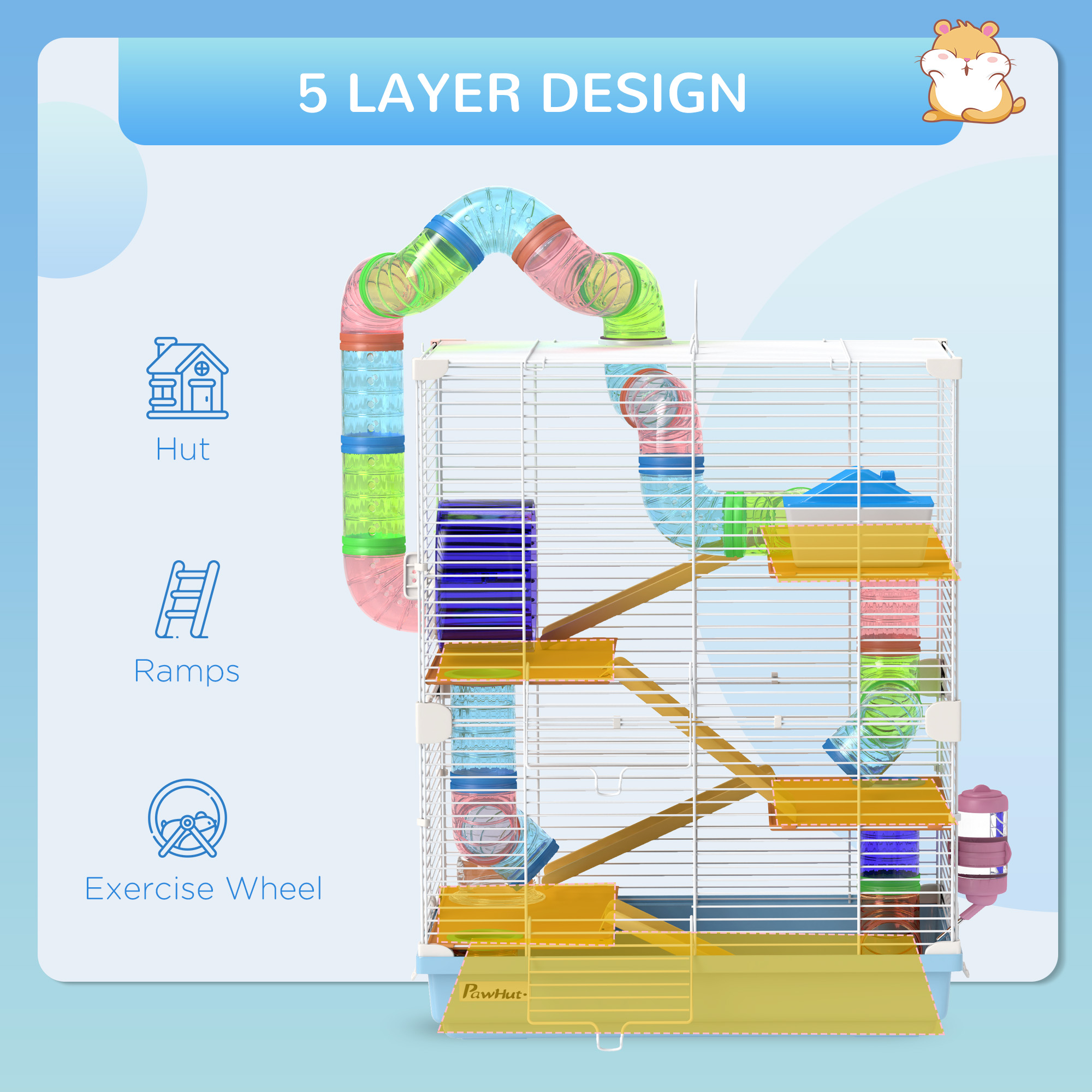 5 Tiers Hamster Cage Portable with Exercise Wheels Play Tube Water Bottle Dishes House Ladder for Gerbils, Light Blue
