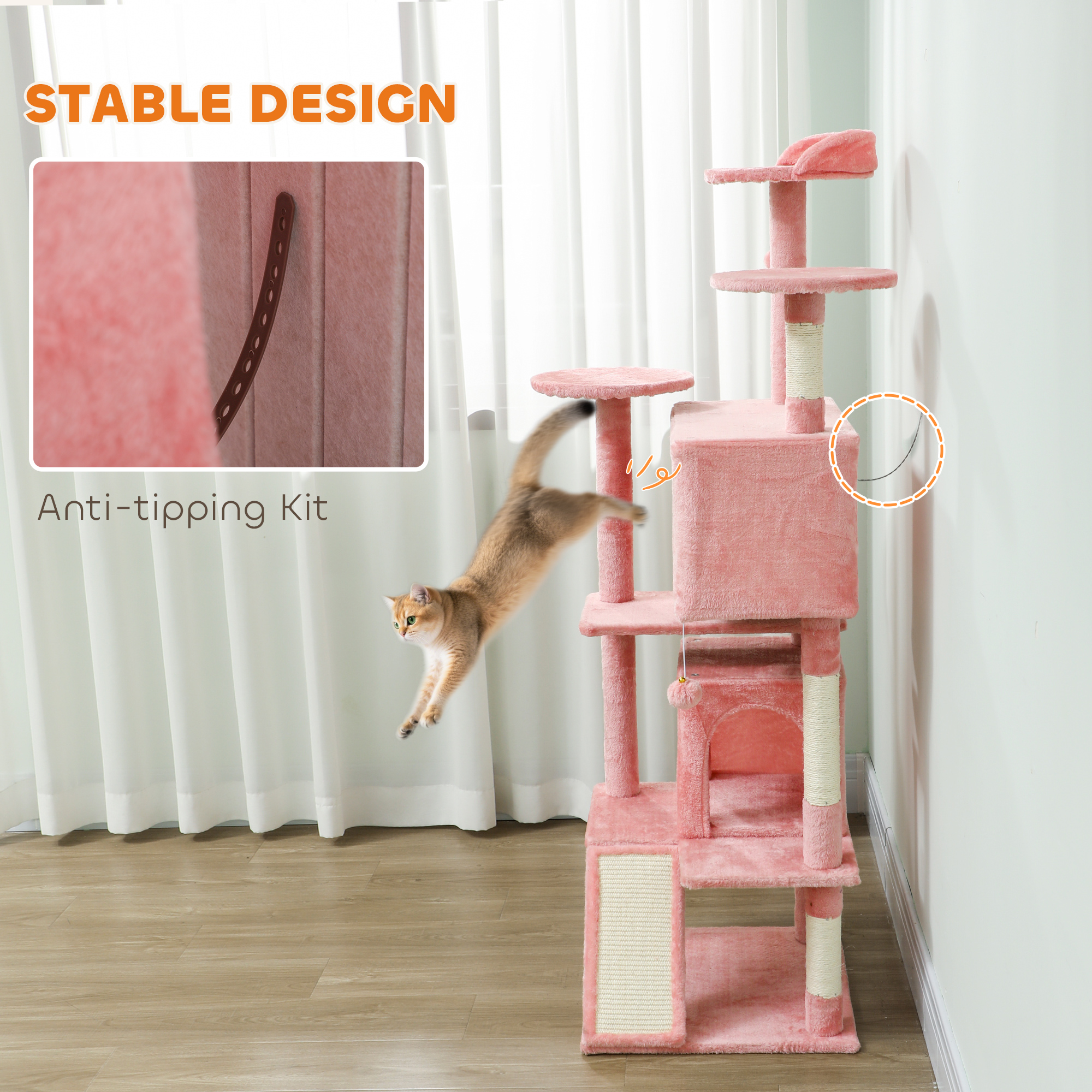 63" Cat Tree, Multi-Level Cat Tower with Scratching Posts, Cat Condos, Bed, Platforms, Ramp, Toy Ball, Pink