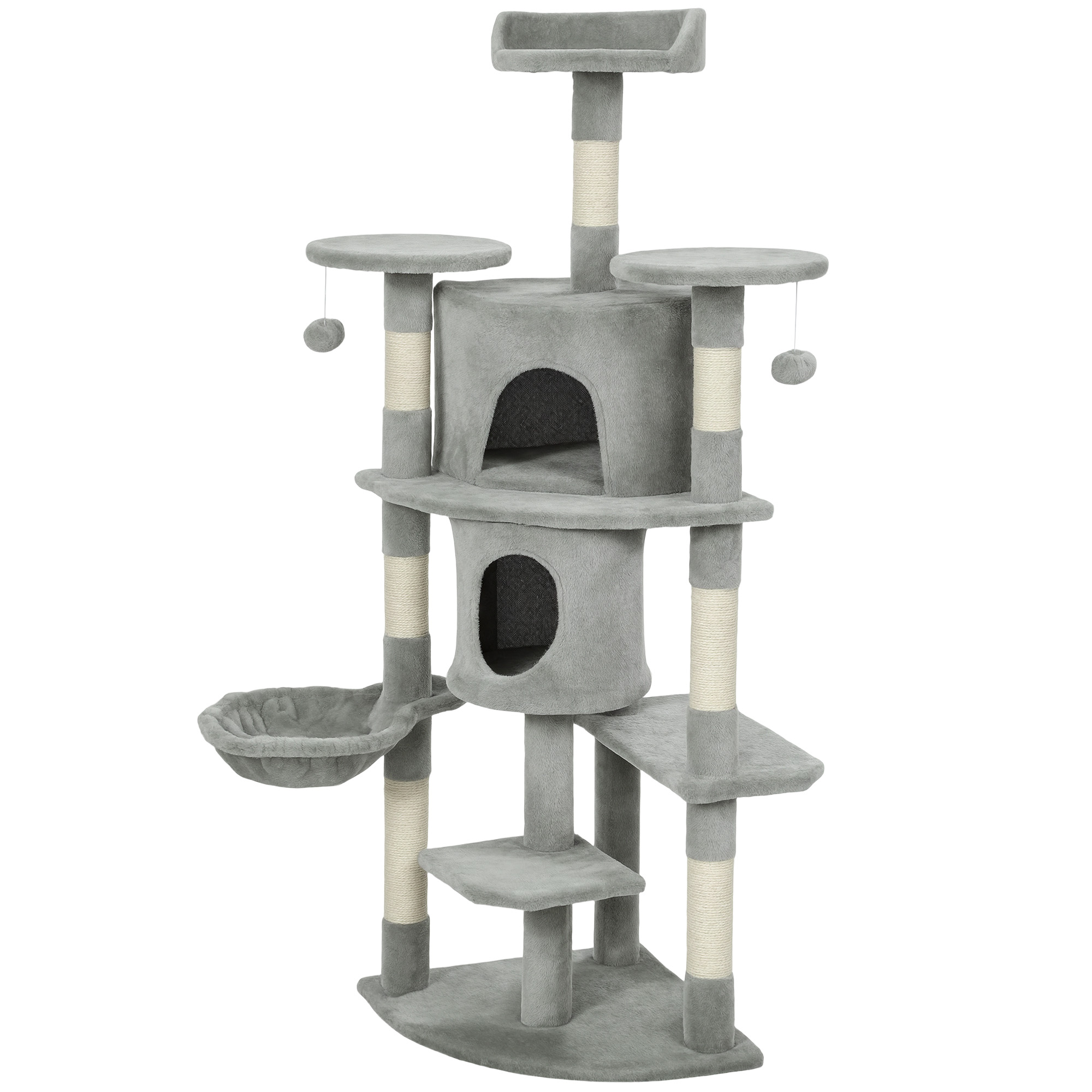 62" Cat Tree with Scratching Post, 2 Condos, Hammock, Perches, Plush, Pompoms, for Indoor Cats, Light Grey