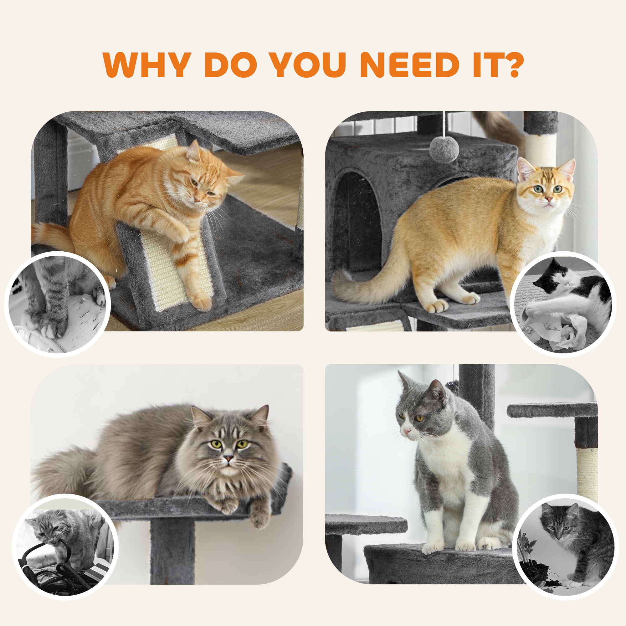 63" Cat Tree, Multi-Level Cat Tower with Scratching Posts, Cat Condos, Bed, Platforms, Ramp, Toy Ball, Dark Grey