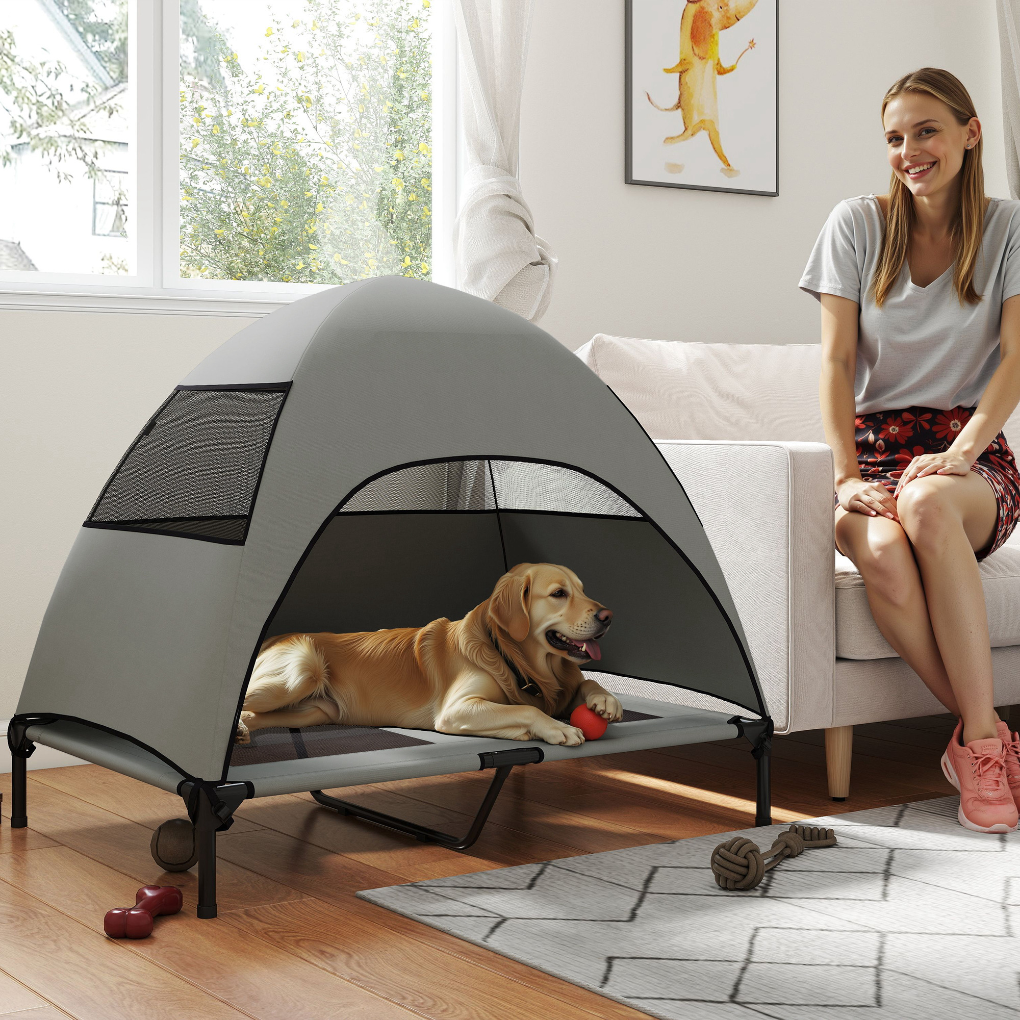 Elevated Dog Bed with Canopy Raised Dog Bed Washable Mesh Steel Frame 41.7" x 29.9" x 39" Light Grey